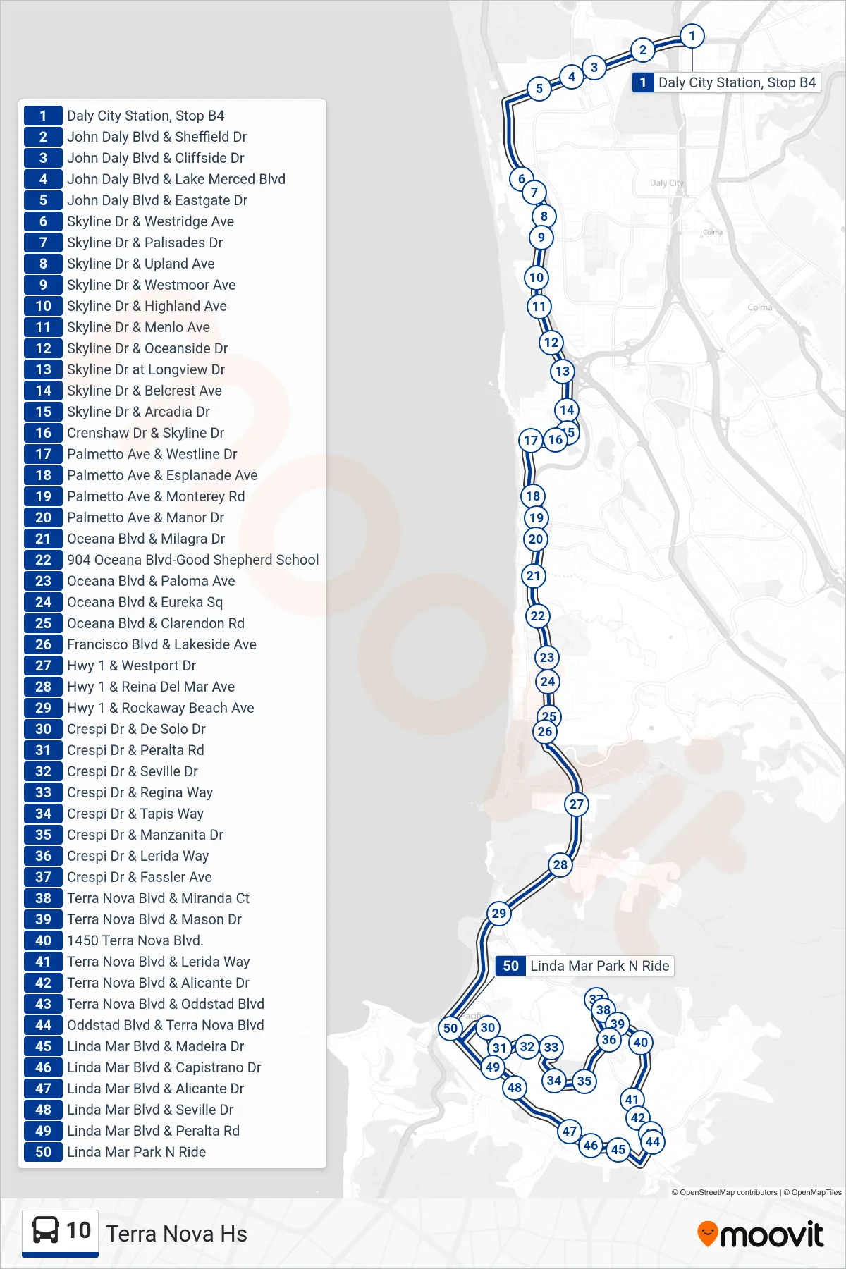 10 bus Line (Terra Nova Hs) route and stops on a map