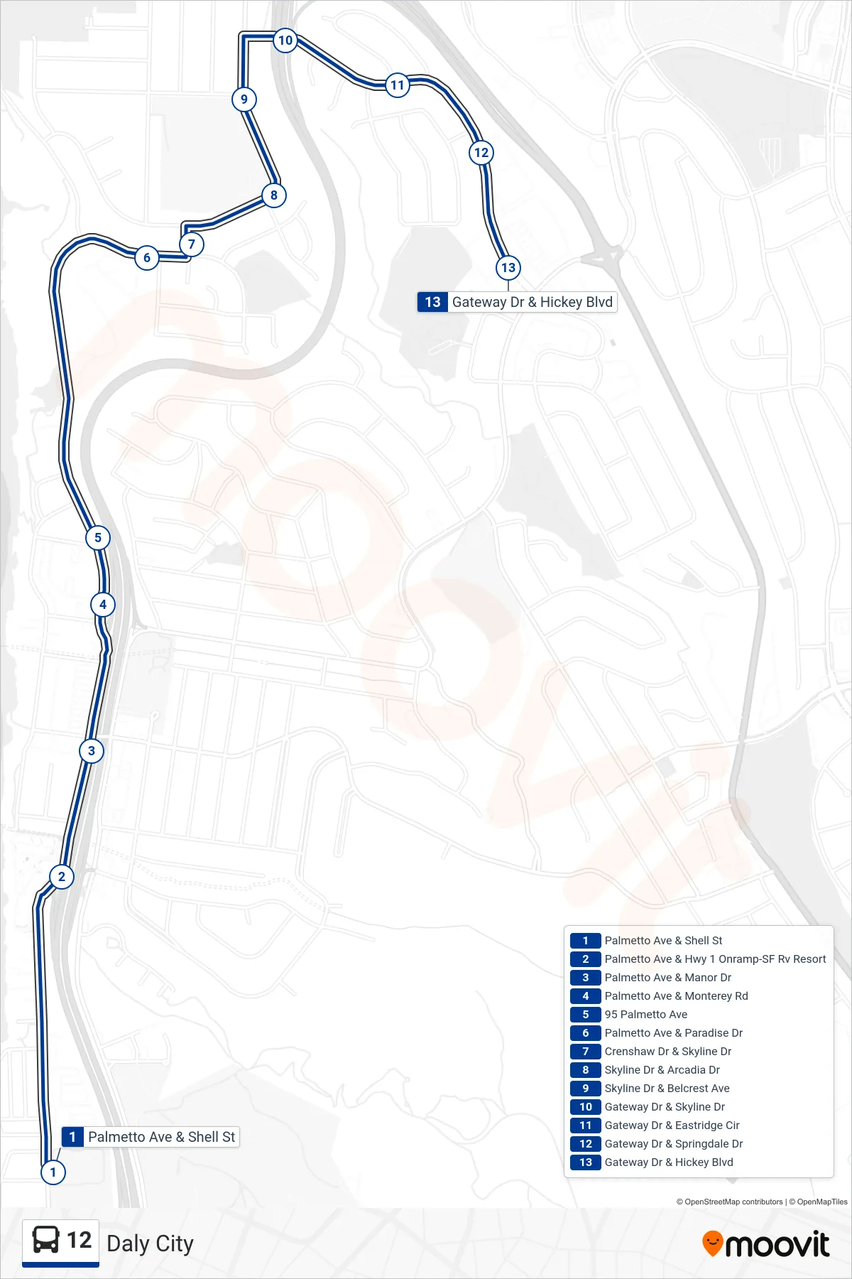 12 bus Line (Daly City) route and stops on a map