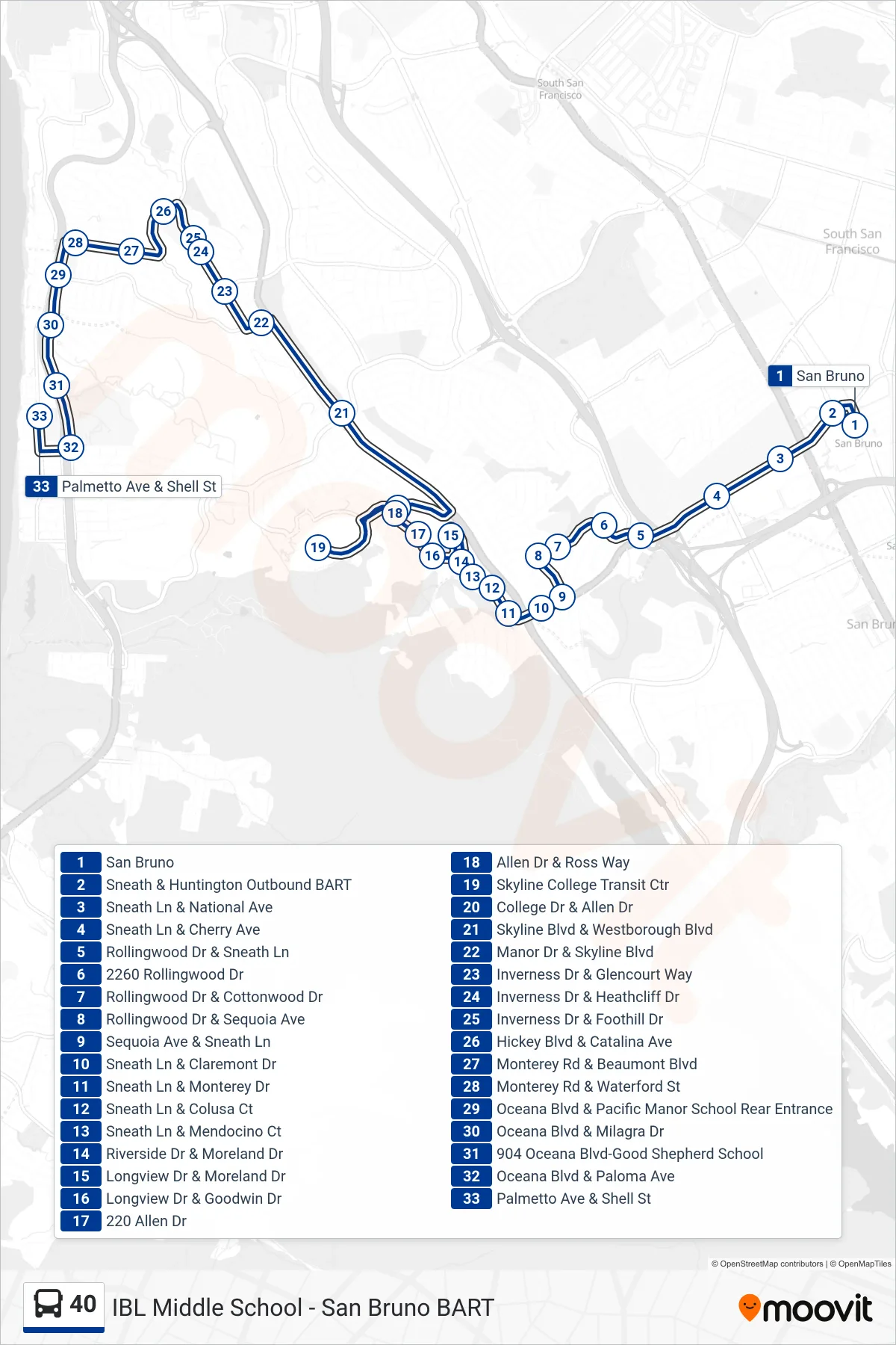 40 bus Line (Ingrid B. Lacey School) route and stops on a map