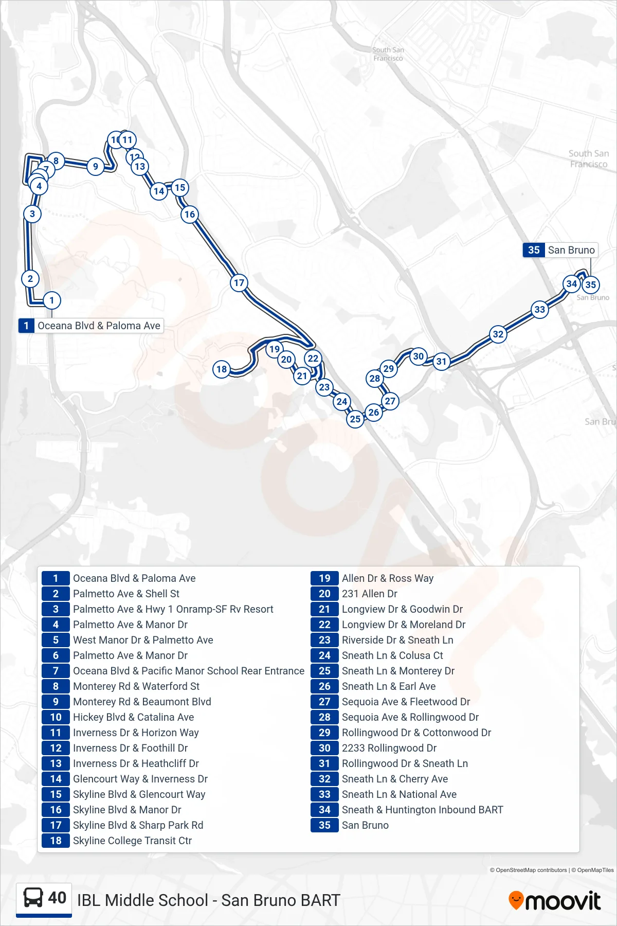 40 bus Line (San Bruno BART) route and stops on a map