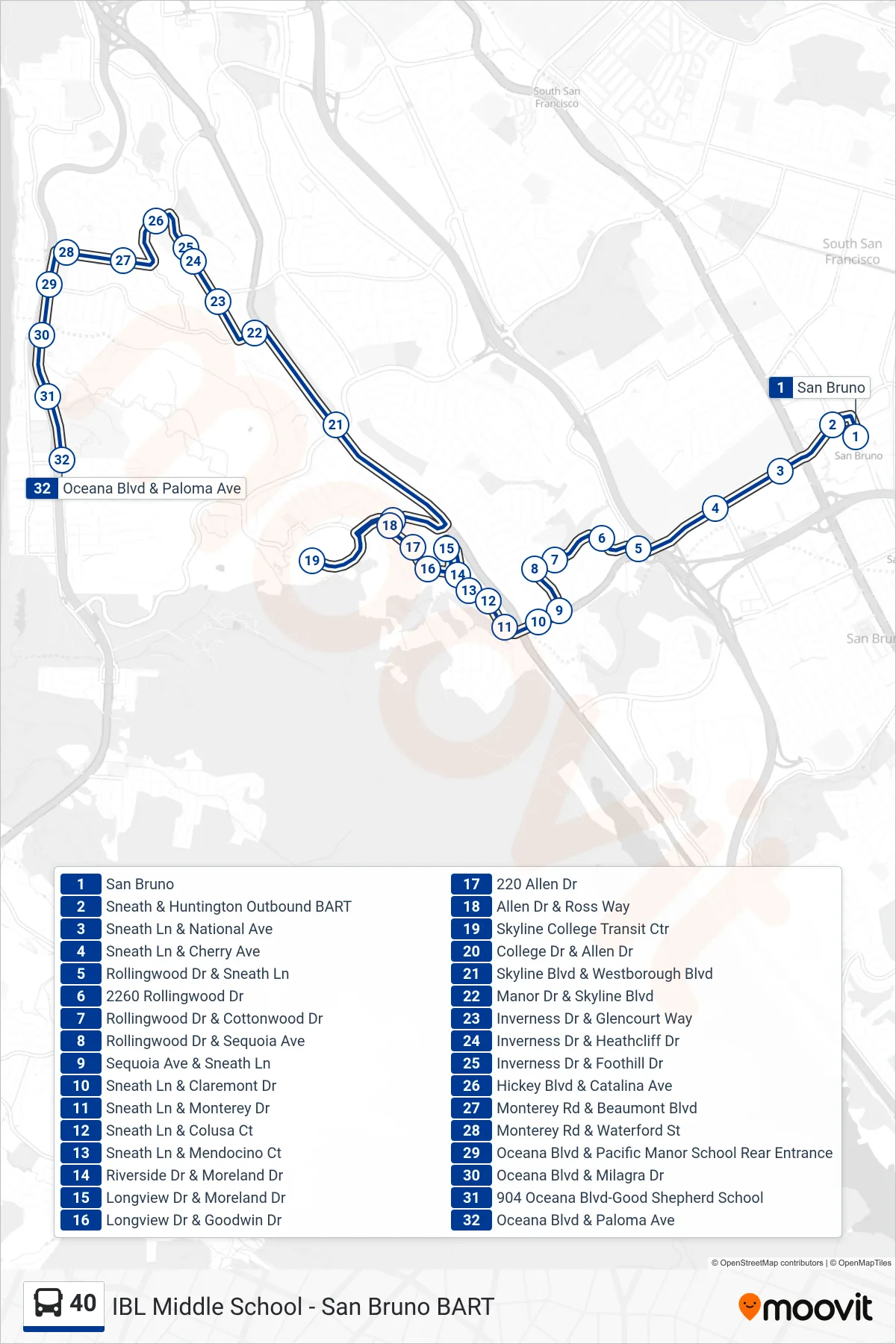 40 bus Line (Oceana Hs) route and stops on a map