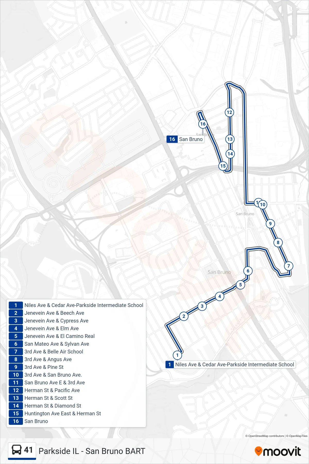 41 bus Line (San Bruno BART) route and stops on a map