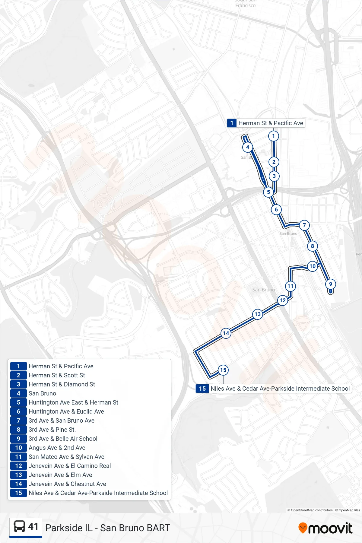 41 bus Line (Parkside Intermediate School) route and stops on a map