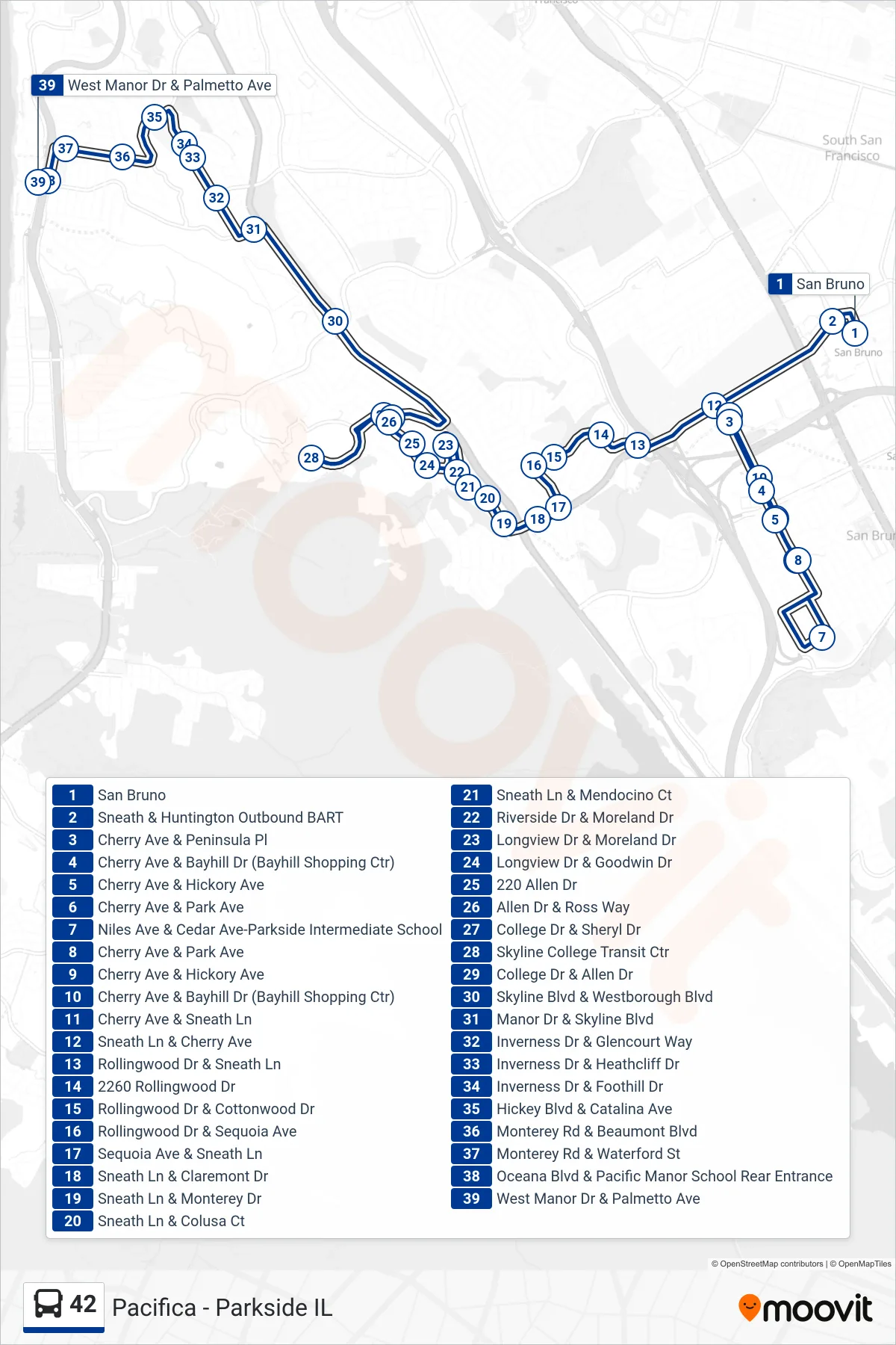 42 bus Line (Pacifica) route and stops on a map