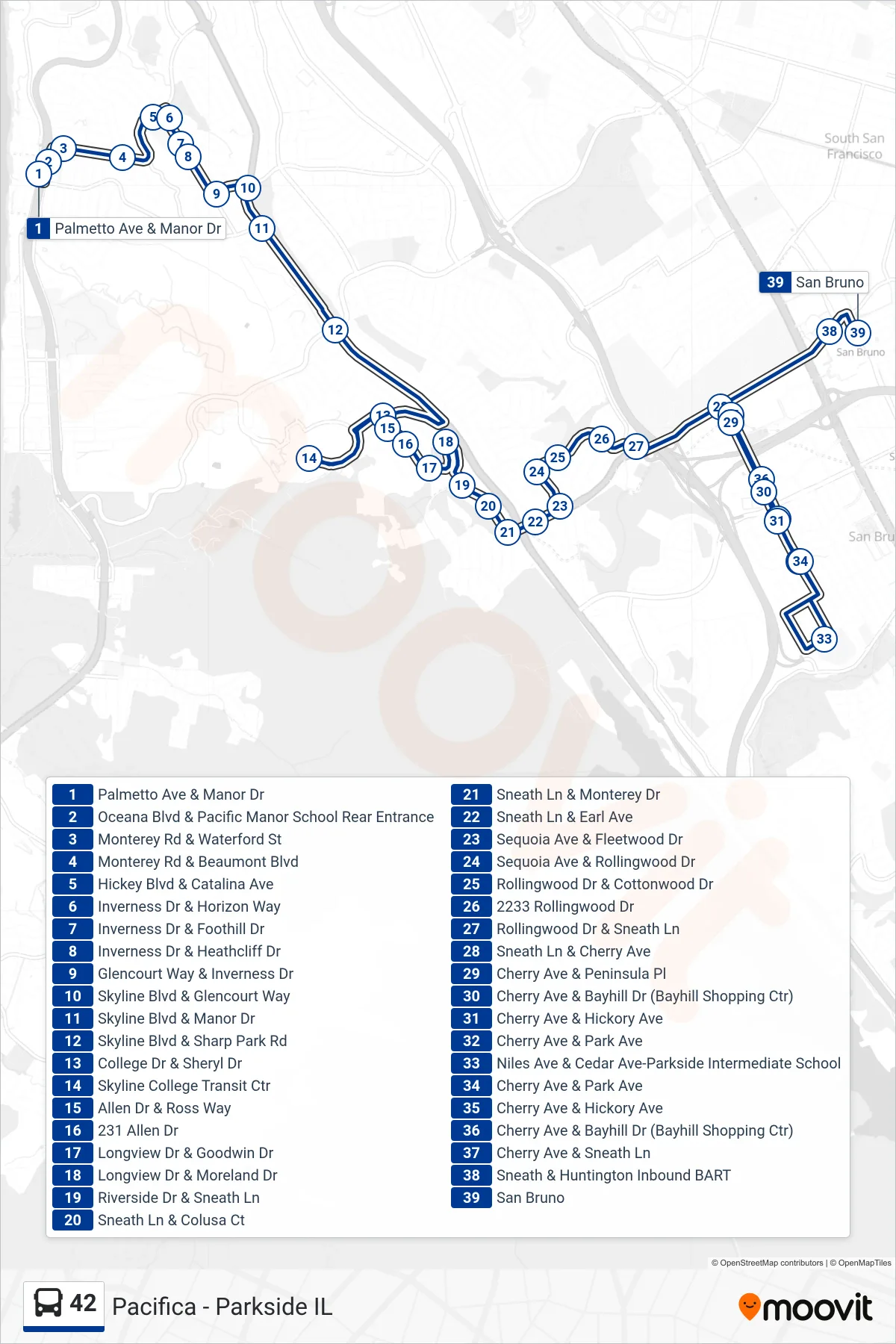 42 bus Line (Parkside Intermediate School) route and stops on a map