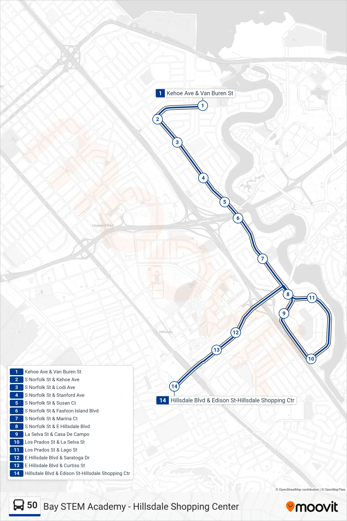 50 bus Line (Hillsdale Mall) route and stops on a map