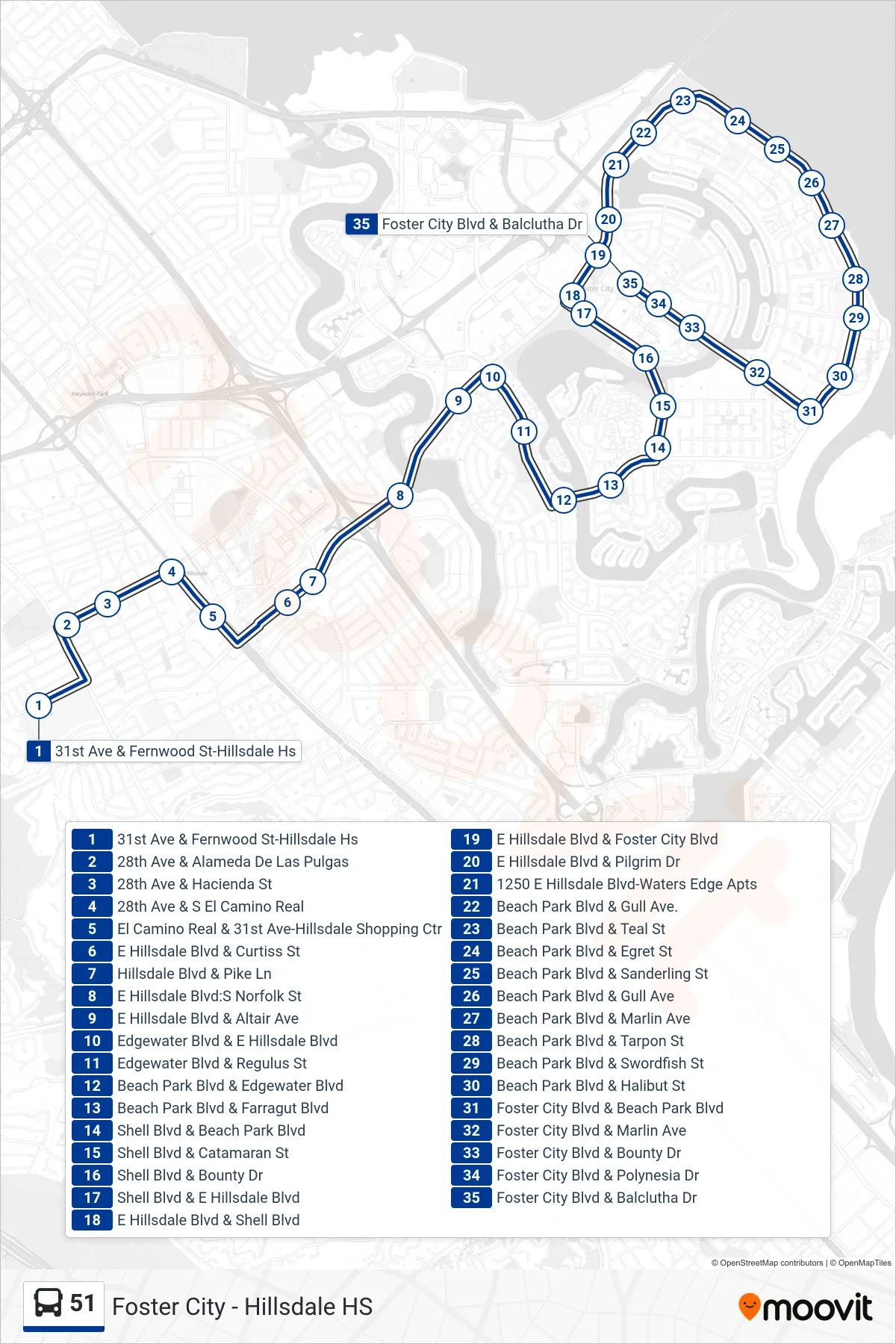 51 bus Line (Foster City) route and stops on a map