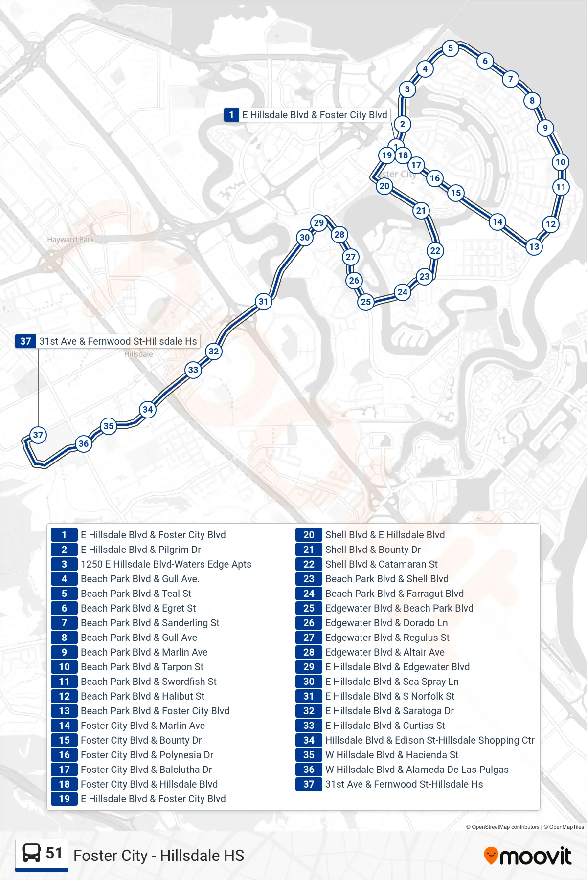 51 bus Line (Hillsdale Hs) route and stops on a map