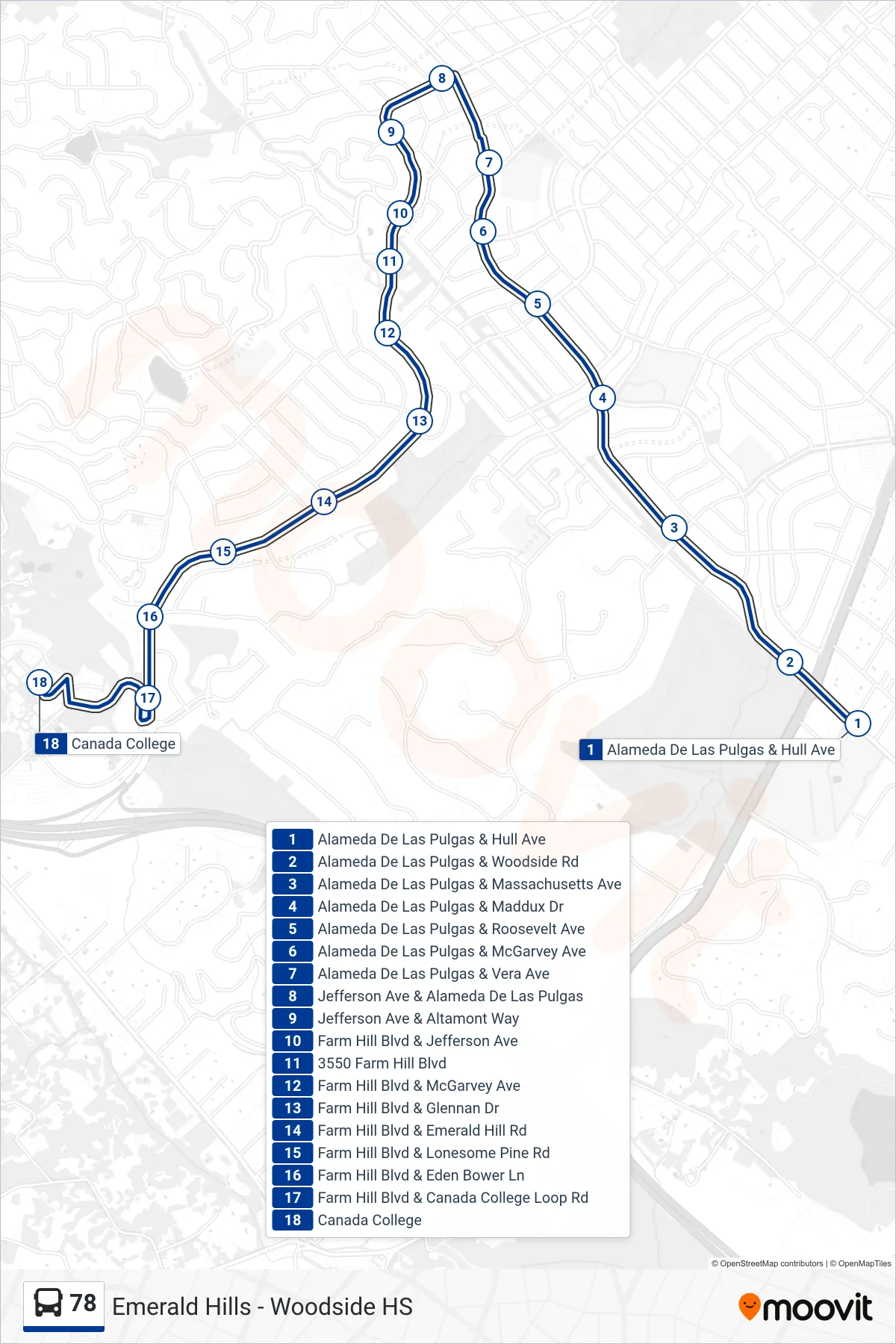 78 bus Line (Cañada College) route and stops on a map