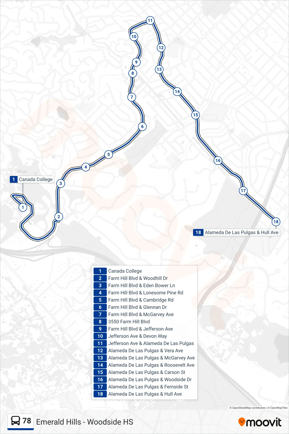 78 bus Line (Woodside Hs) route and stops on a map