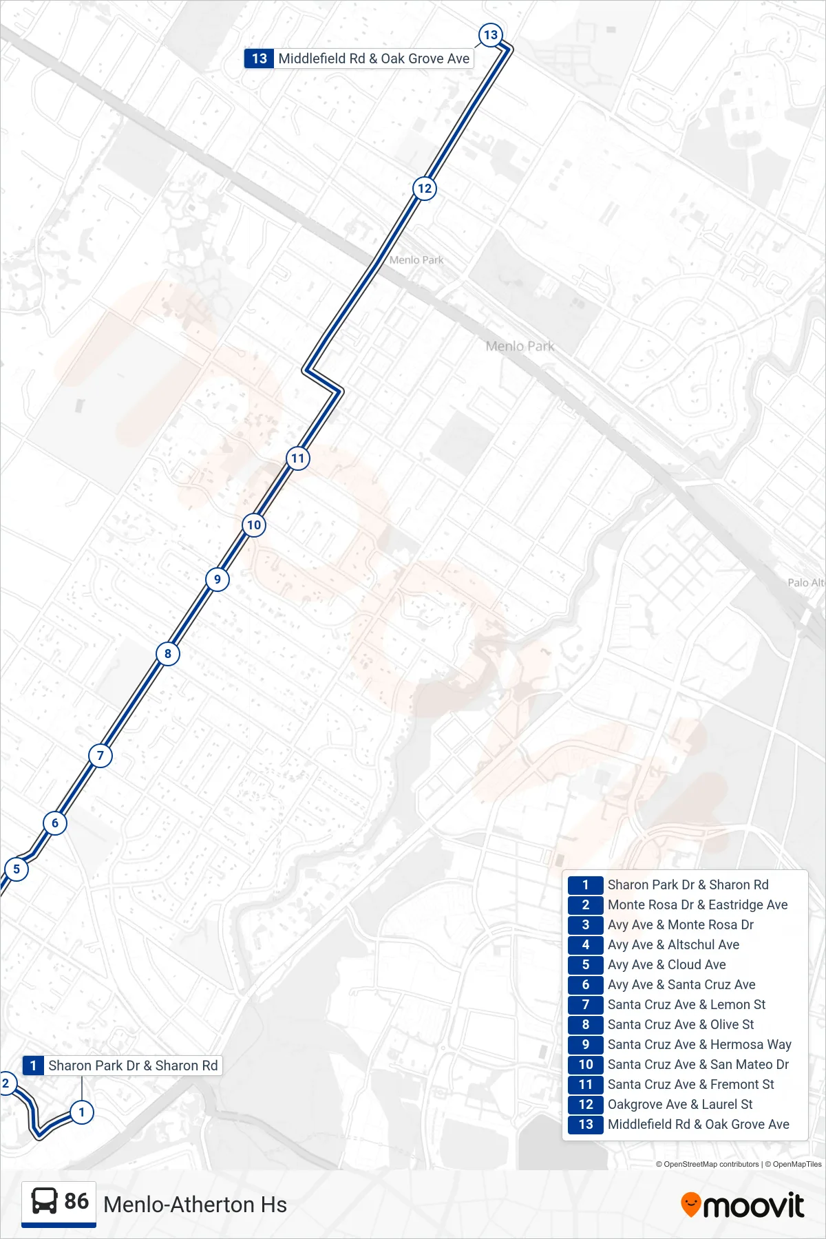 86 bus Line (Menlo-Atherton Hs) route and stops on a map