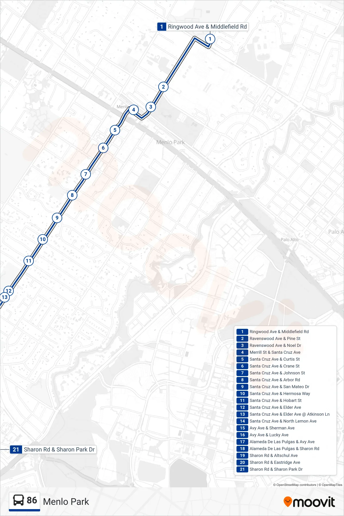 86 bus Line (Menlo Park) route and stops on a map