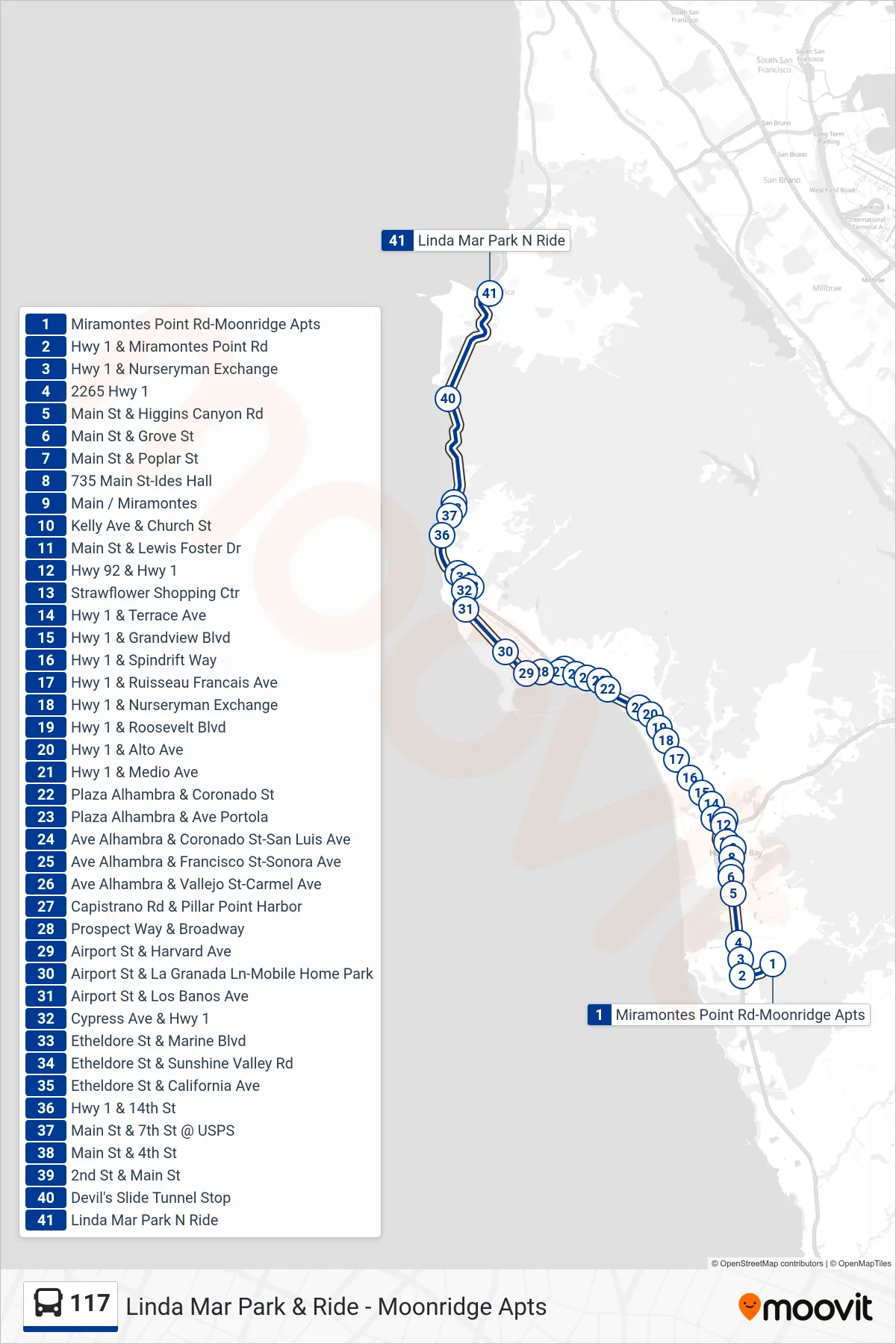 117 bus Line (Pacifica) route and stops on a map