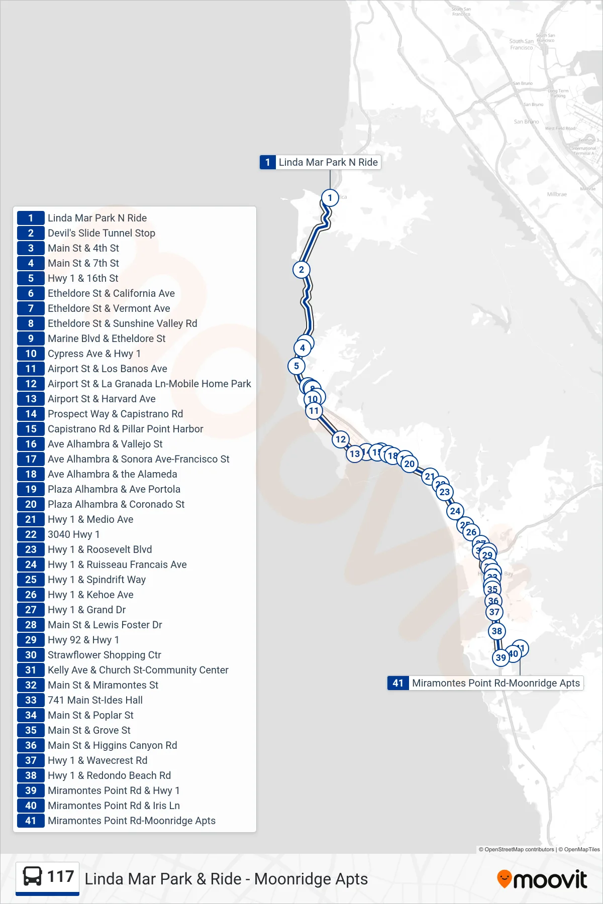 117 bus Line (Half Moon Bay) route and stops on a map
