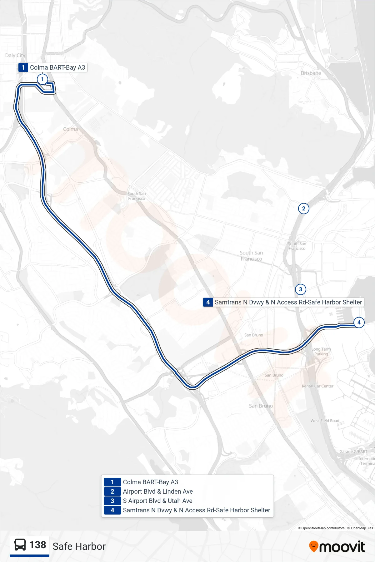 138 bus Line (Safe Harbor) route and stops on a map