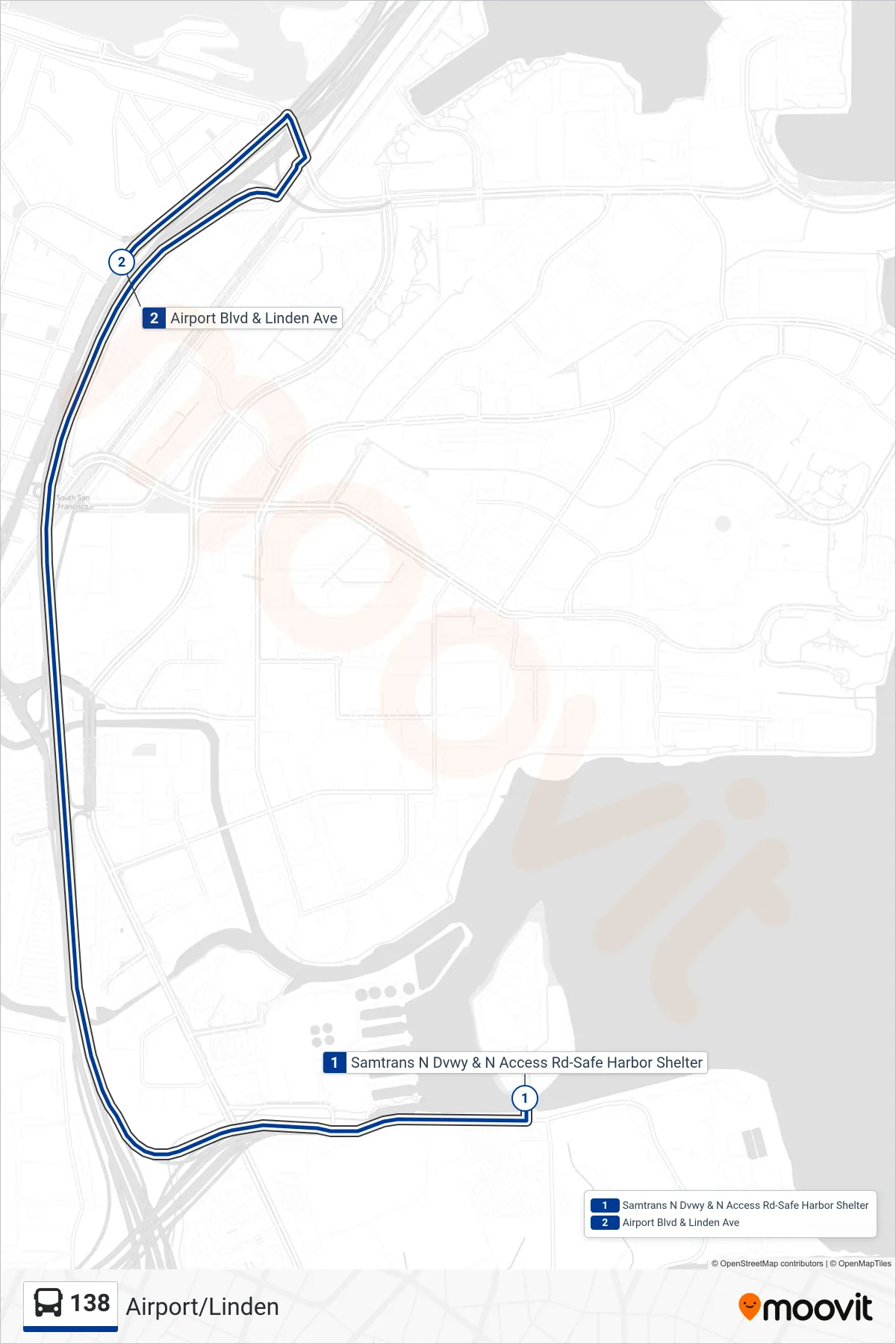 138 bus Line (Airport/Linden) route and stops on a map