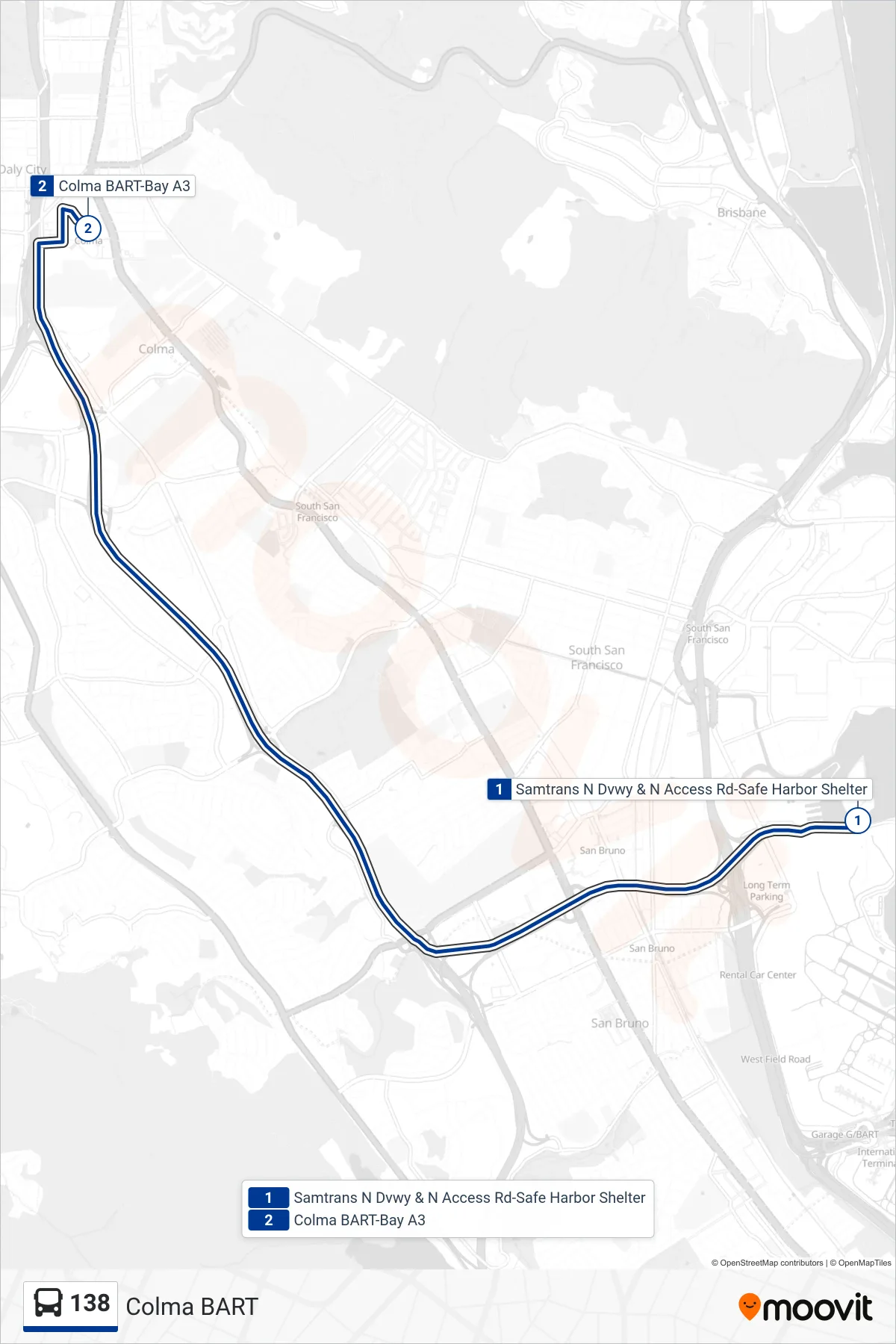 138 bus Line (Colma BART) route and stops on a map