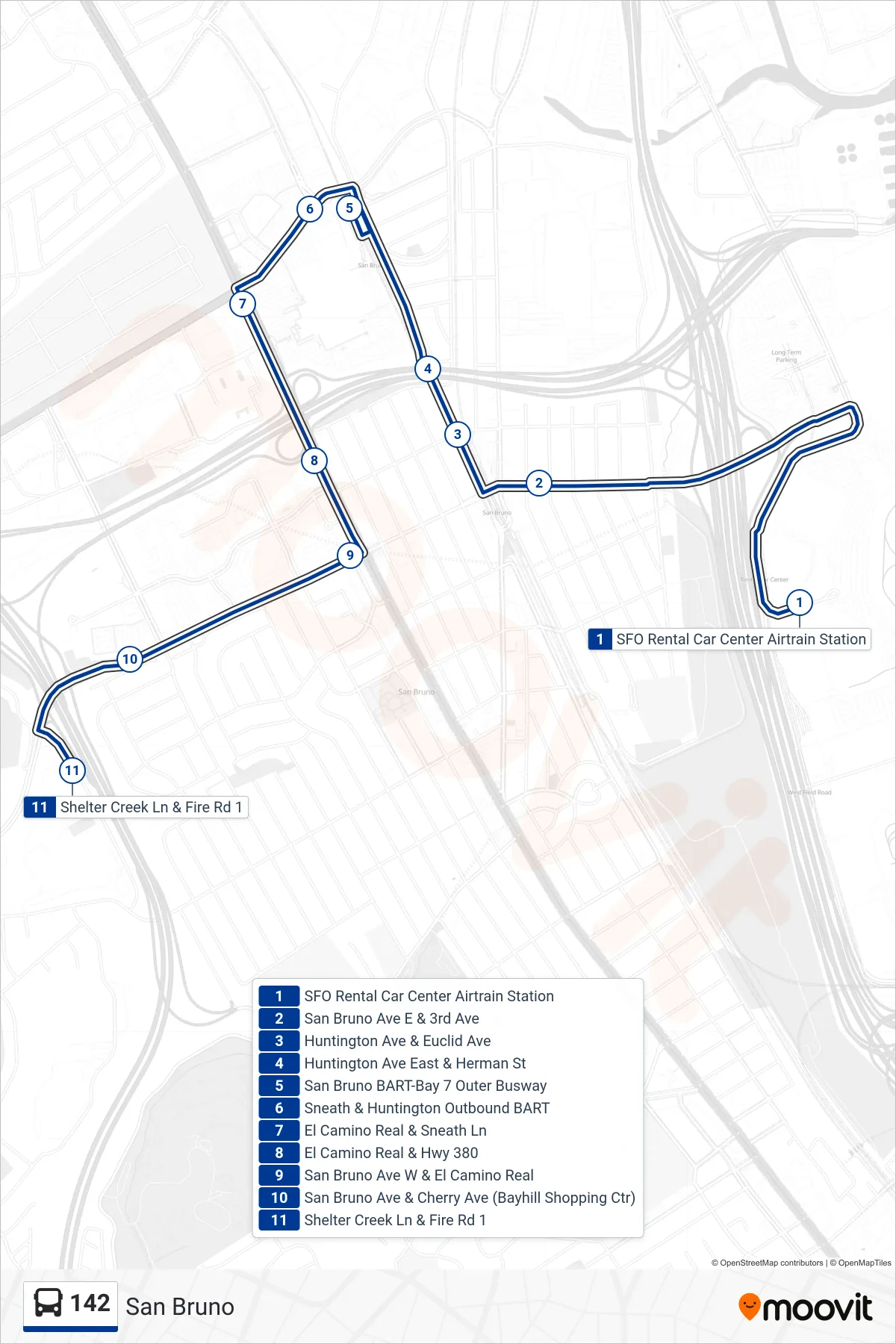 142 bus Line (San Bruno) route and stops on a map