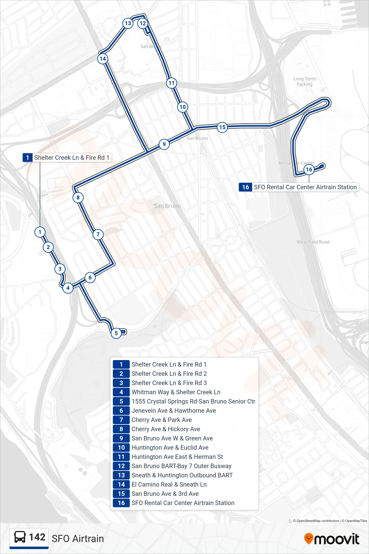 142 bus Line (SFO Airtrain) route and stops on a map