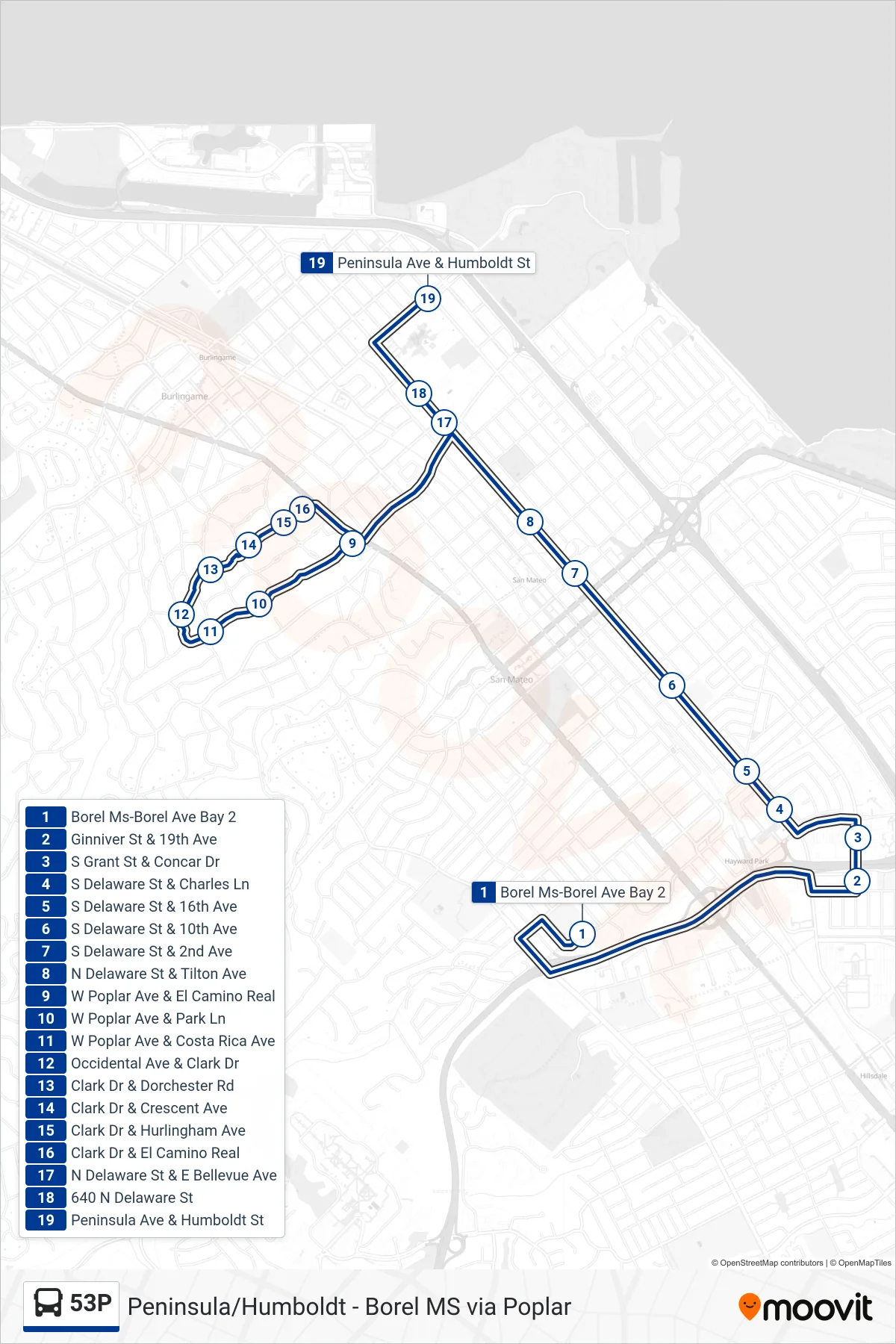 53P bus Line (Peninsula/Humboldt) route and stops on a map