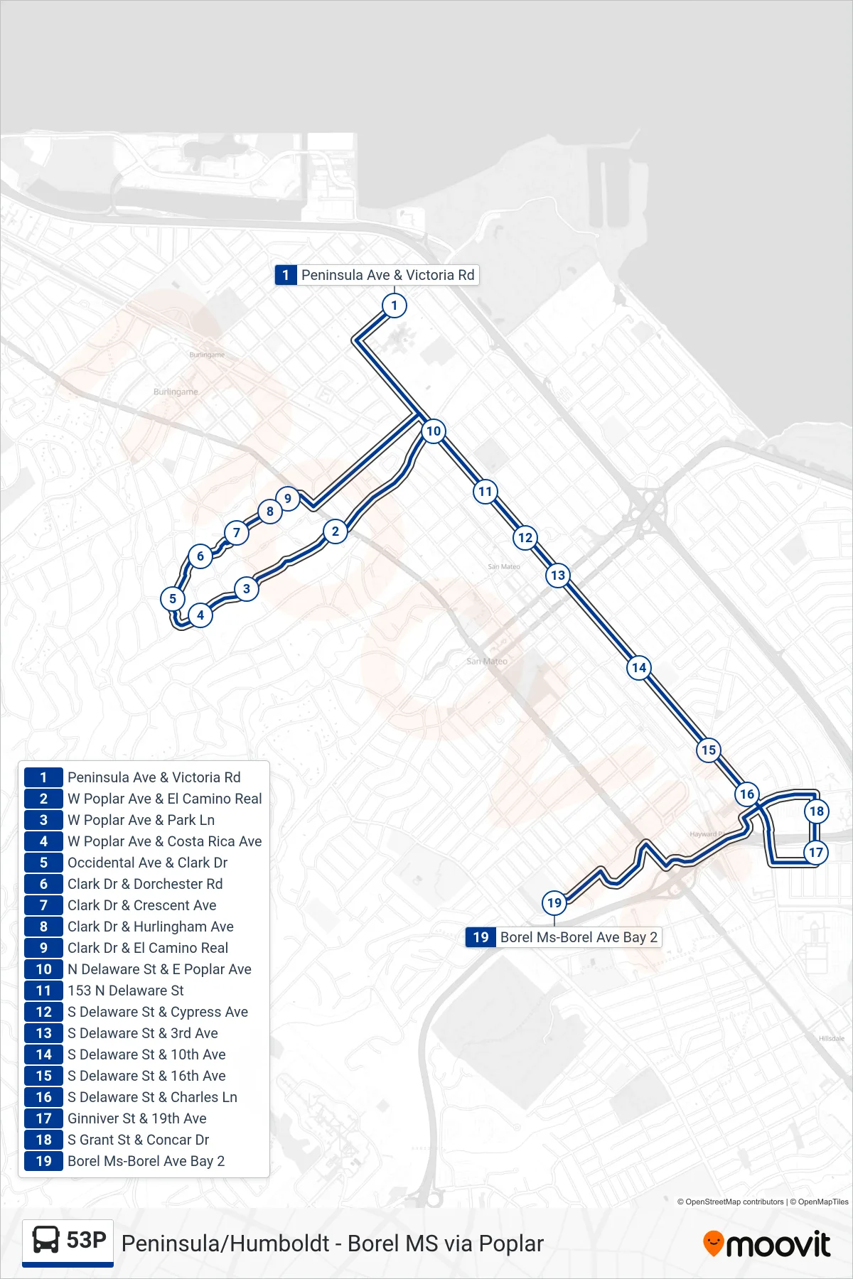 53P bus Line (Borel School) route and stops on a map