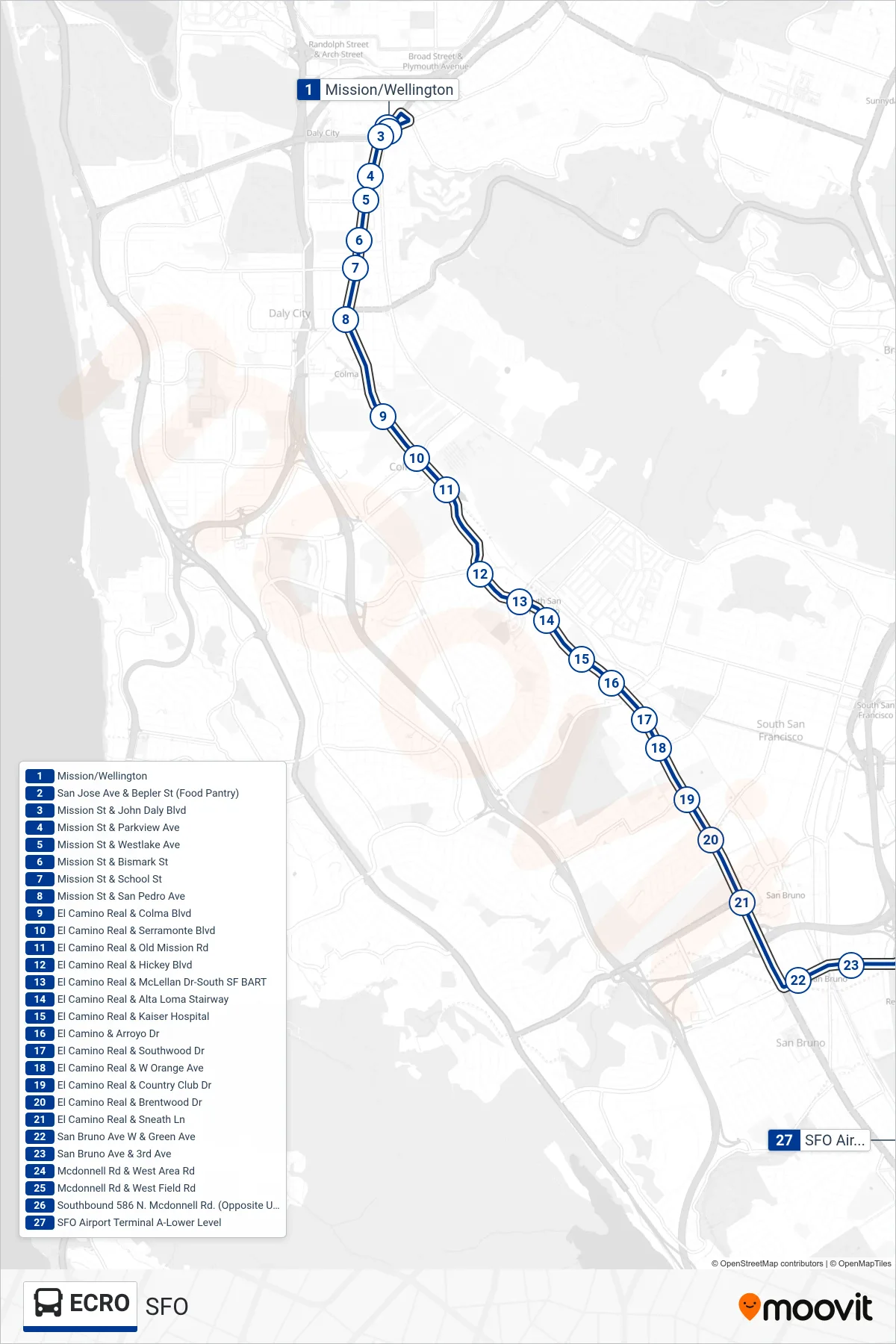 ECRO bus Line (SFO) route and stops on a map