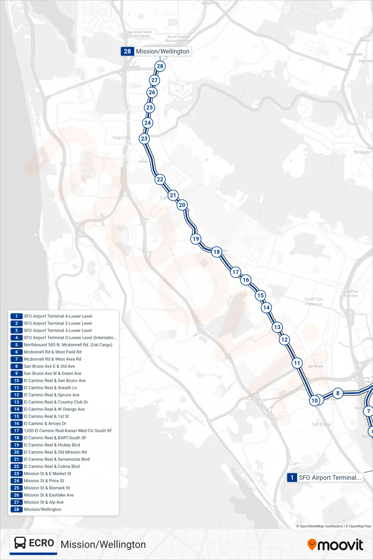 ECRO bus Line (Mission/Wellington) route and stops on a map