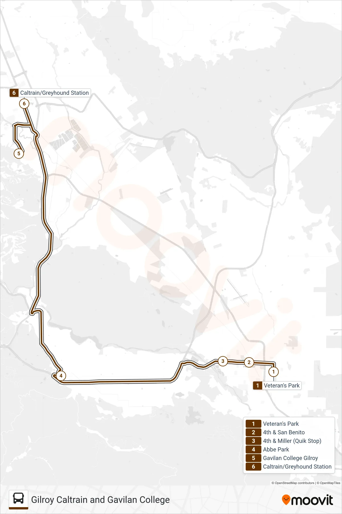INTERCOUNTY bus Line (Gilroy) route and stops on a map