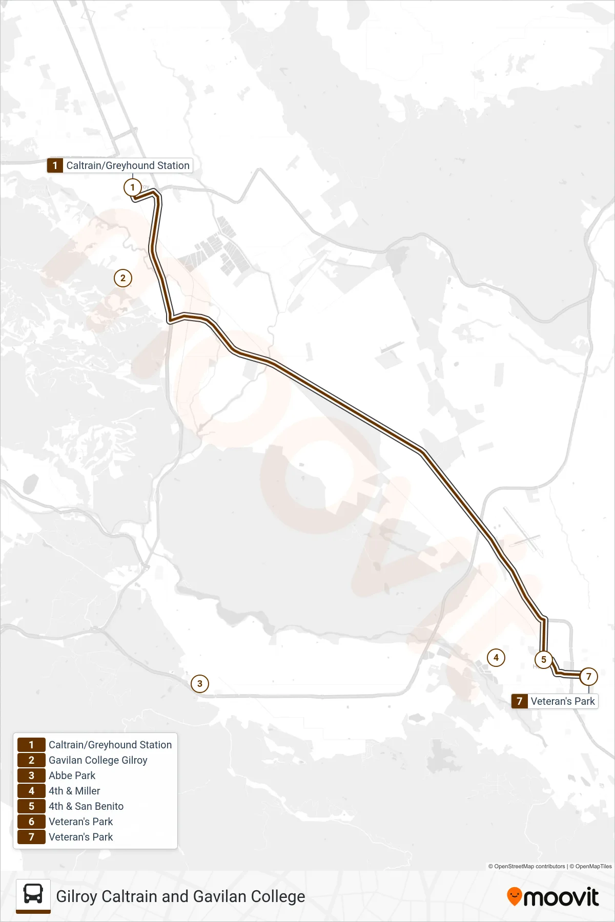 INTERCOUNTY bus Line (Hollister) route and stops on a map