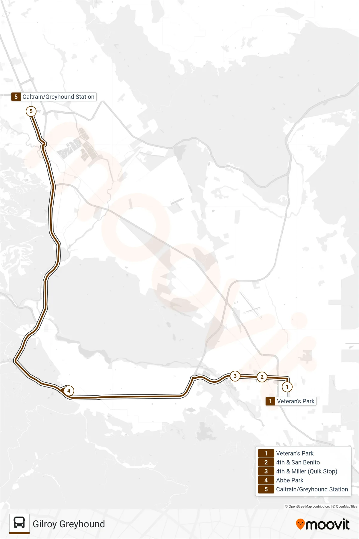 INTERCOUNTY bus Line (Gilroy) route and stops on a map