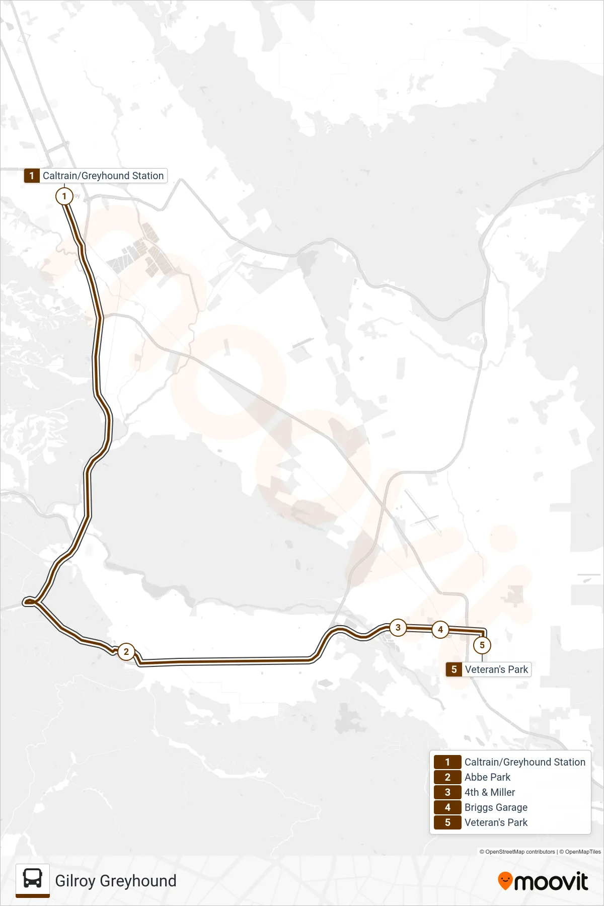 INTERCOUNTY bus Line (Hollister) route and stops on a map