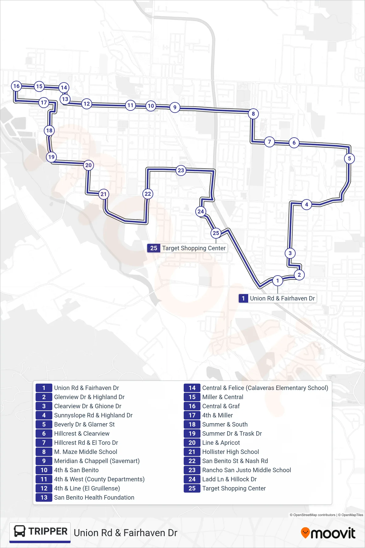 TRIPPER bus Line (Union Rd & Fairhaven Dr) route and stops on a map