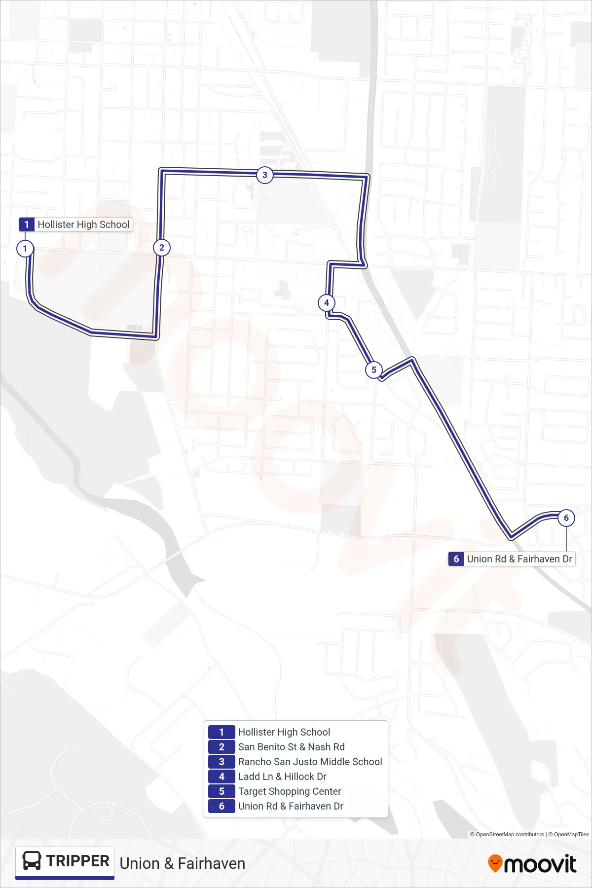 TRIPPER bus Line (Union & Fairhaven) route and stops on a map