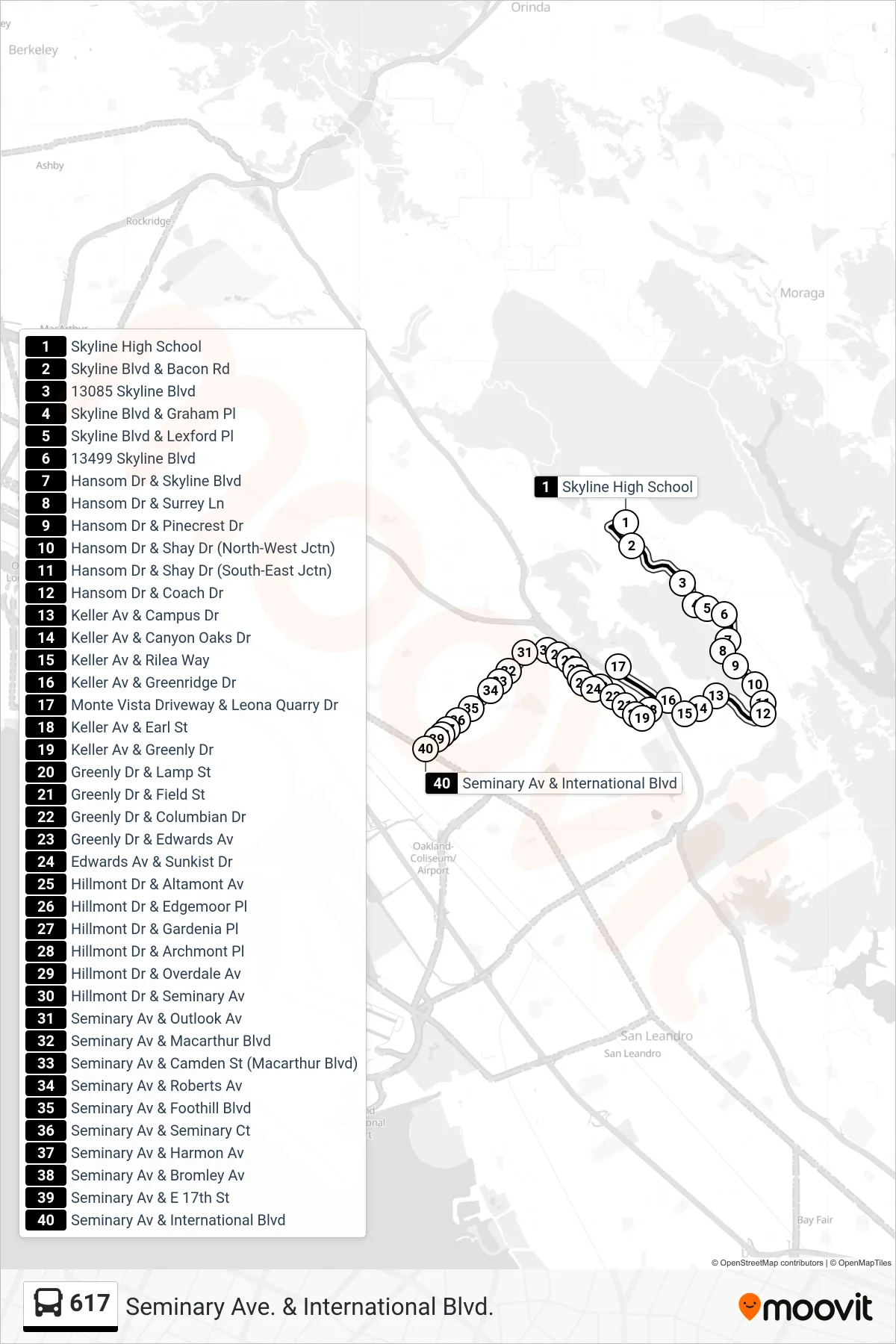 617 bus Line (Seminary Ave. & International Blvd.) route and stops on a map