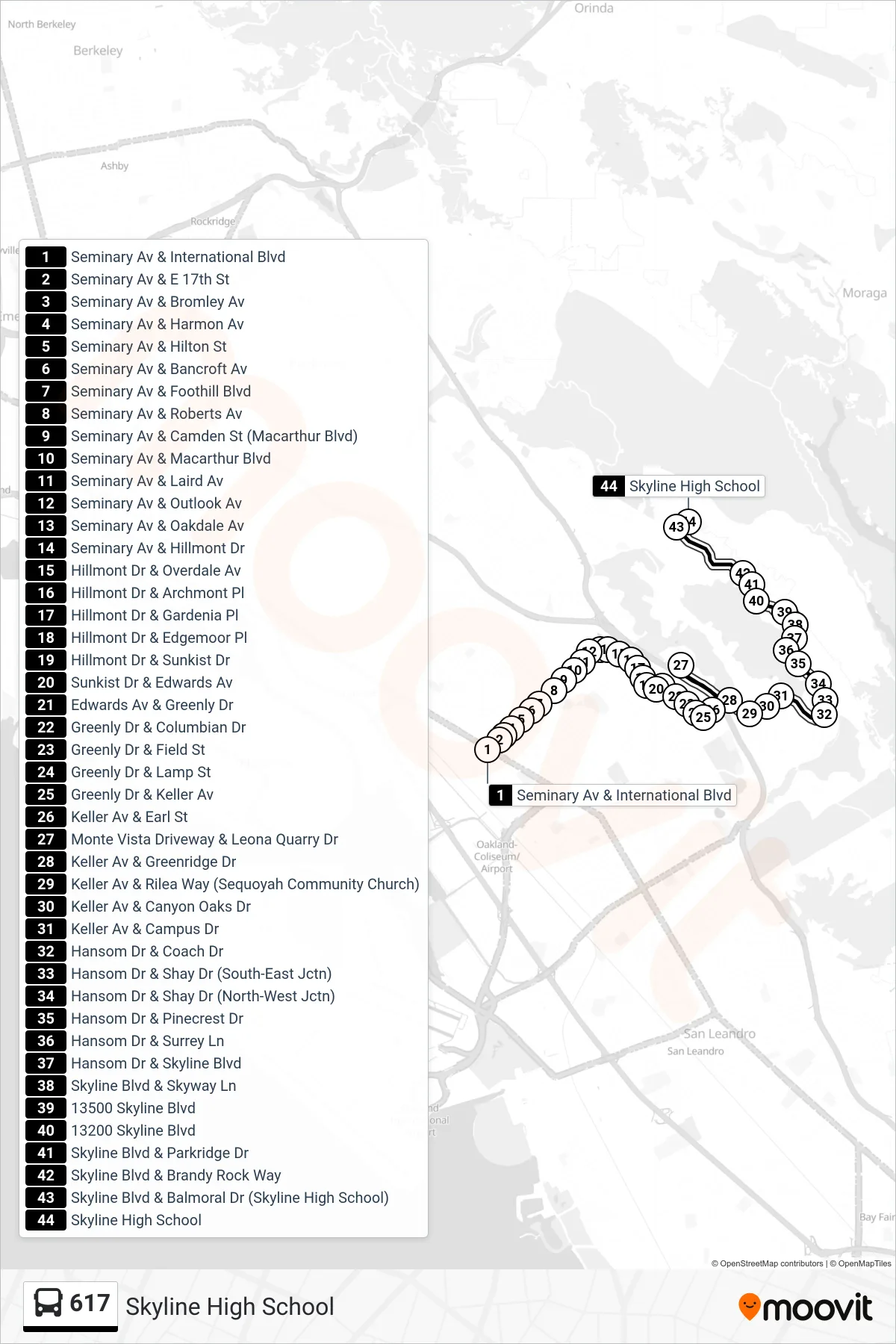 617 bus Line (Skyline High School) route and stops on a map