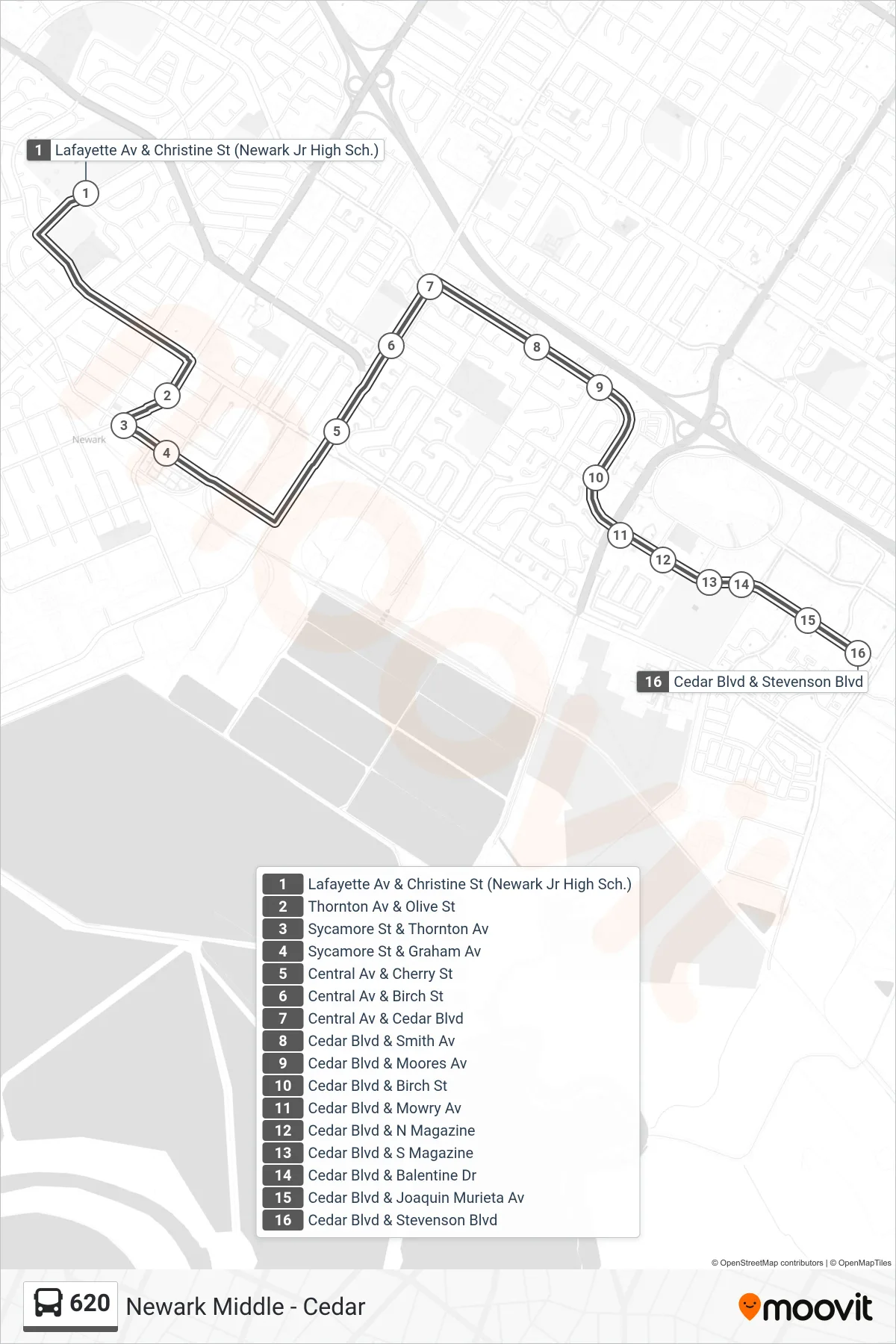 620 bus Line (Cedar Blvd. & Stevenson Blvd.) route and stops on a map