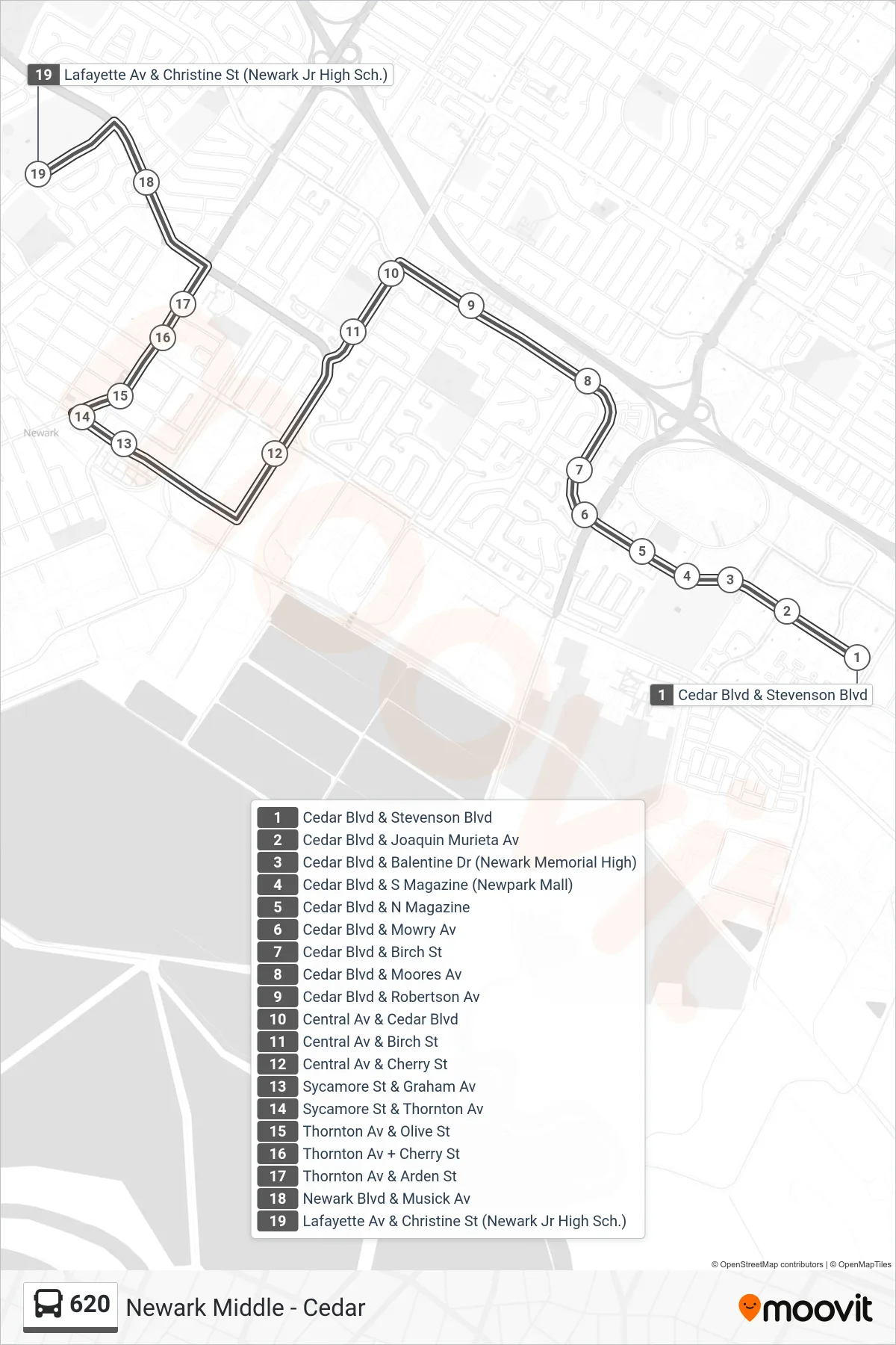 620 bus Line (Newark Middle School) route and stops on a map