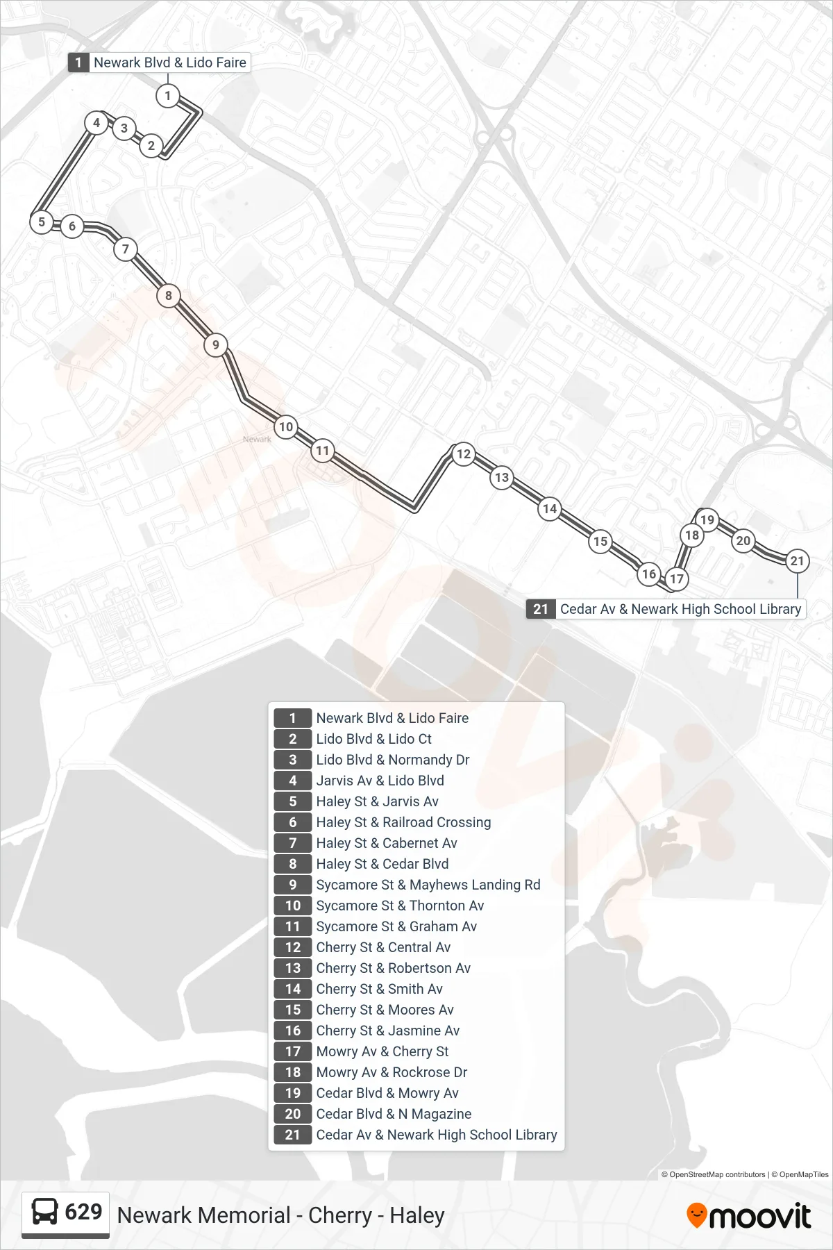 629 bus Line (Newark Memorial High School) route and stops on a map