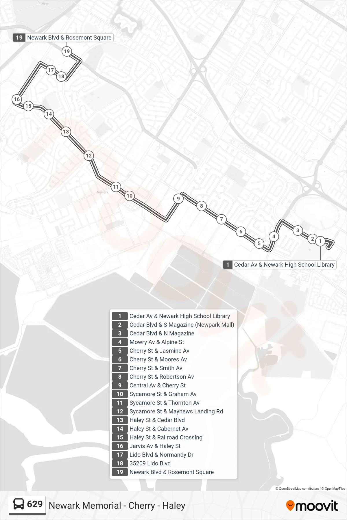 629 bus Line (Lido Faire Shopping Center) route and stops on a map