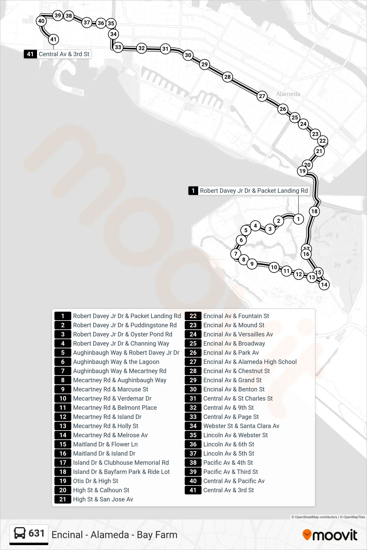 631 bus Line (Encinal High School) route and stops on a map