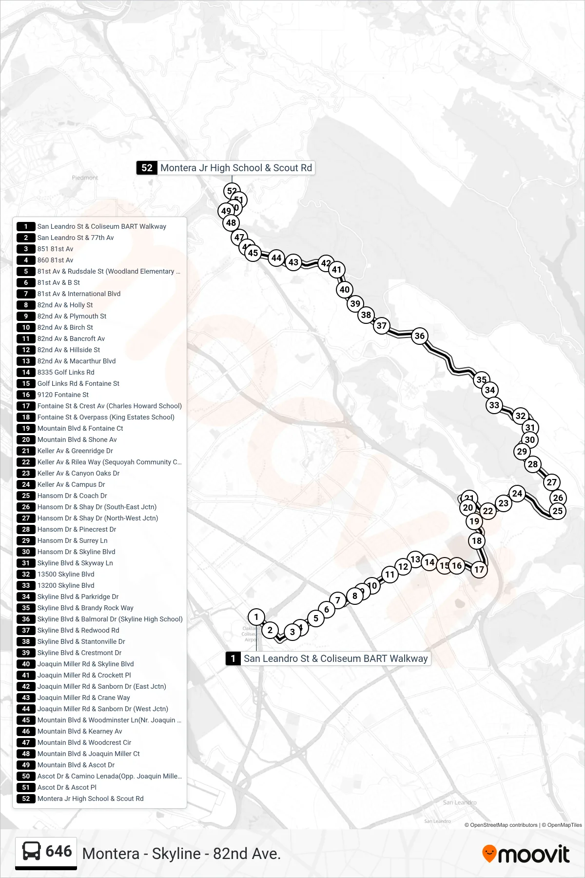 646 bus Line (Montera Middle School) route and stops on a map