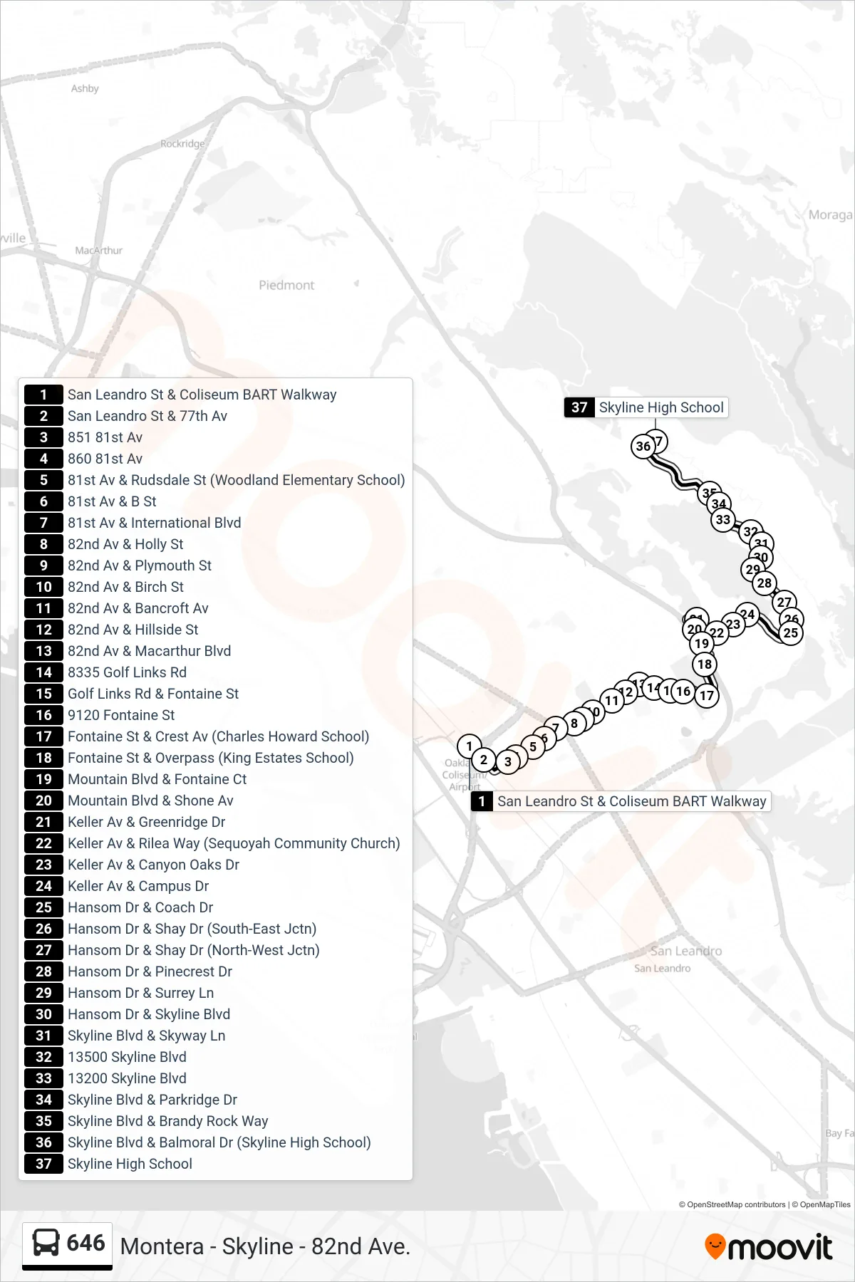 646 bus Line (Skyline High School) route and stops on a map