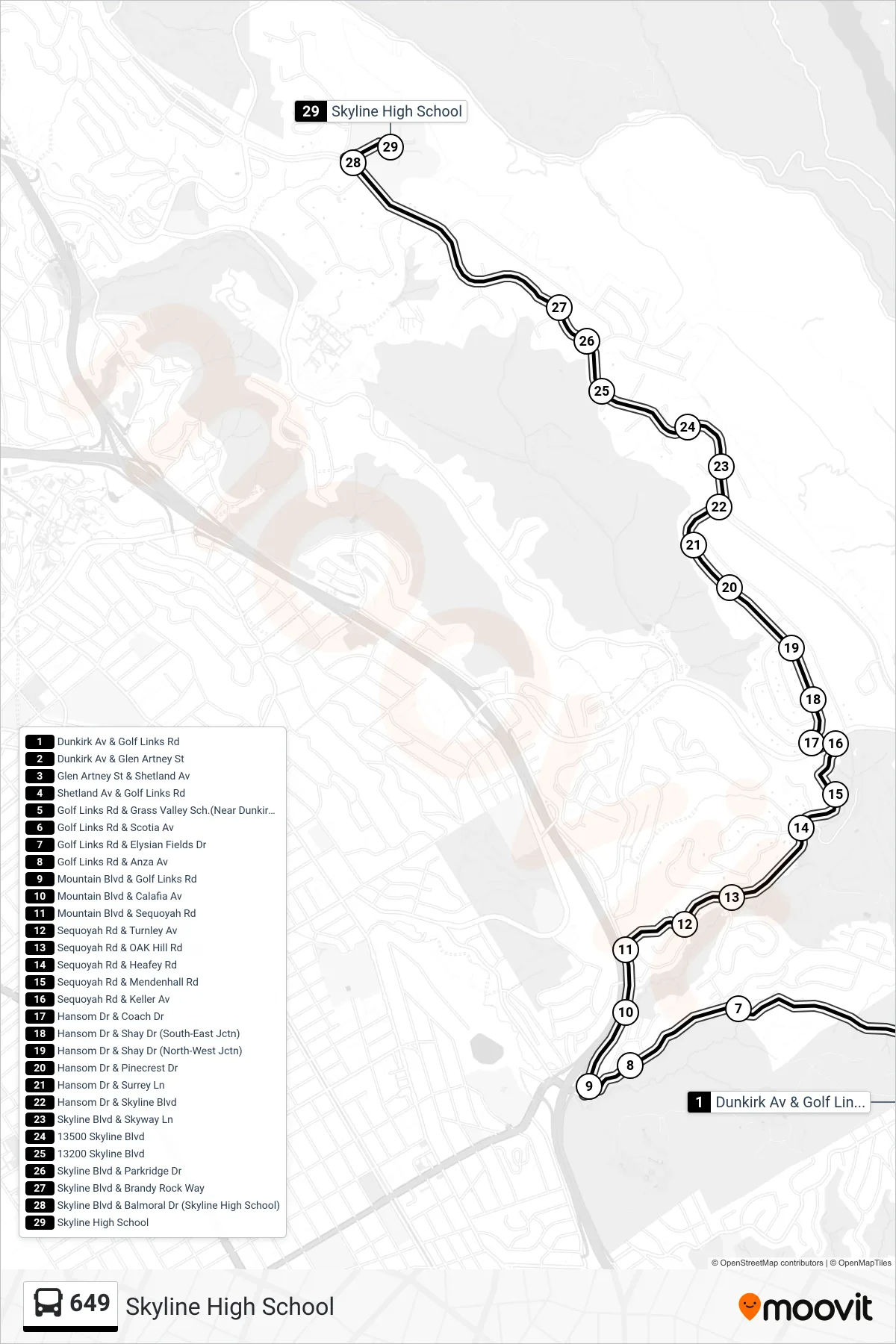 649 bus Line (Skyline High School) route and stops on a map