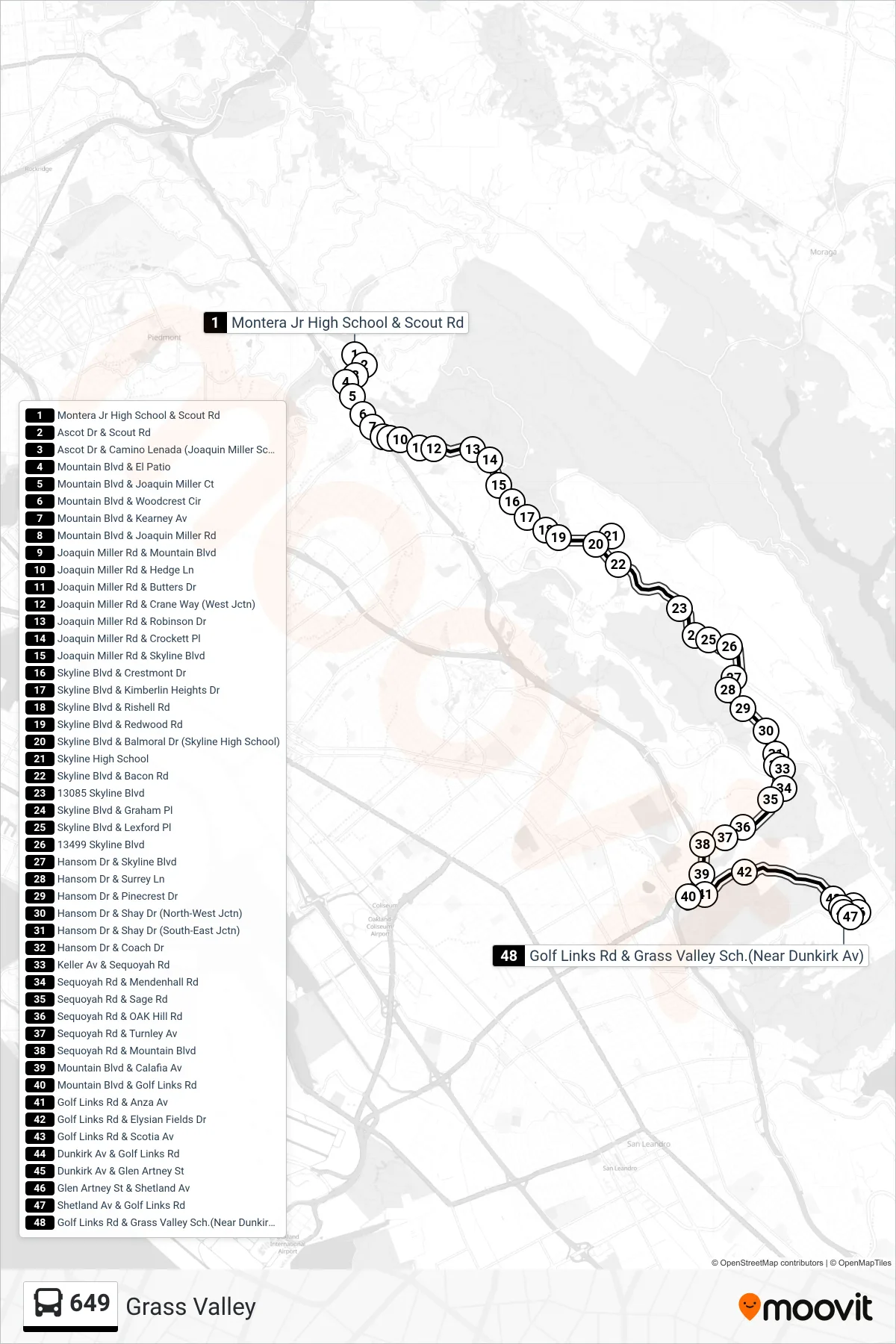 649 bus Line (Grass Valley) route and stops on a map