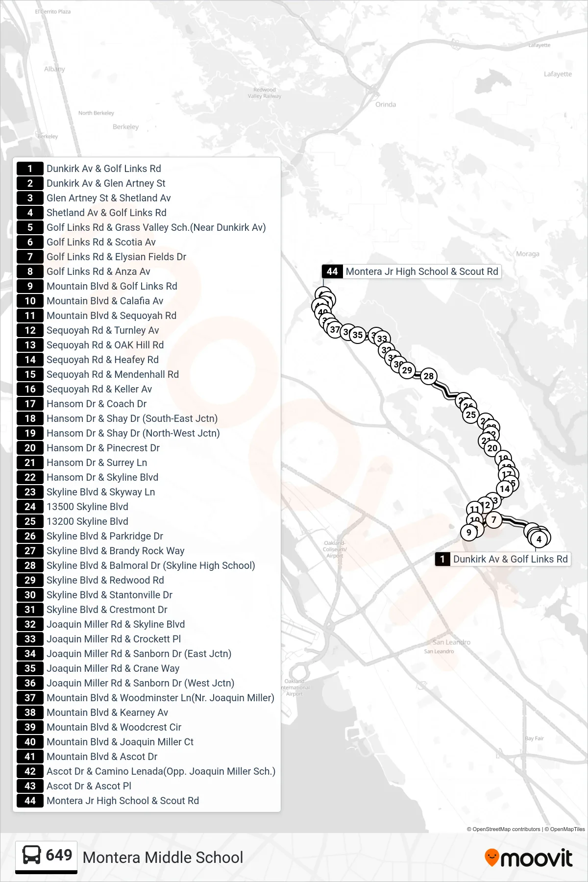 649 bus Line (Montera Middle School) route and stops on a map