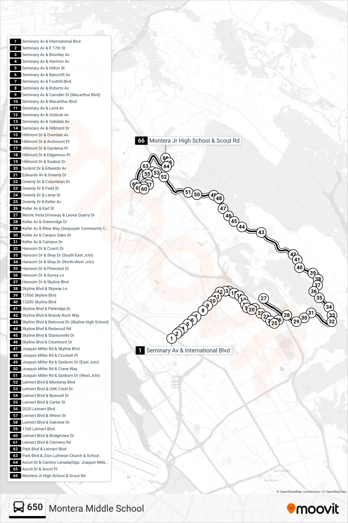 650 bus Line (Montera Middle School) route and stops on a map
