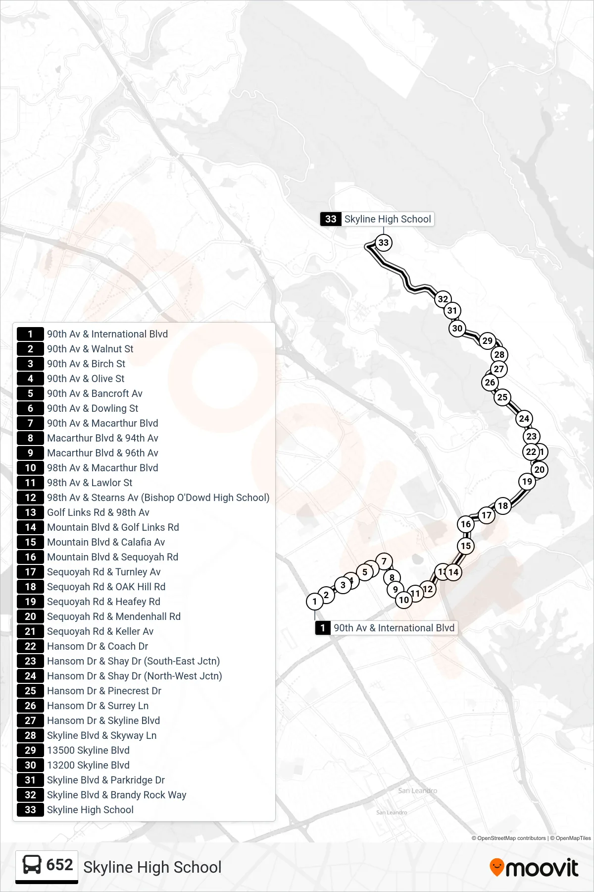 652 bus Line (Skyline High School) route and stops on a map