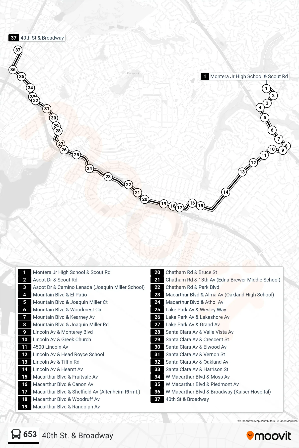 653 bus Line (40th St. & Broadway) route and stops on a map