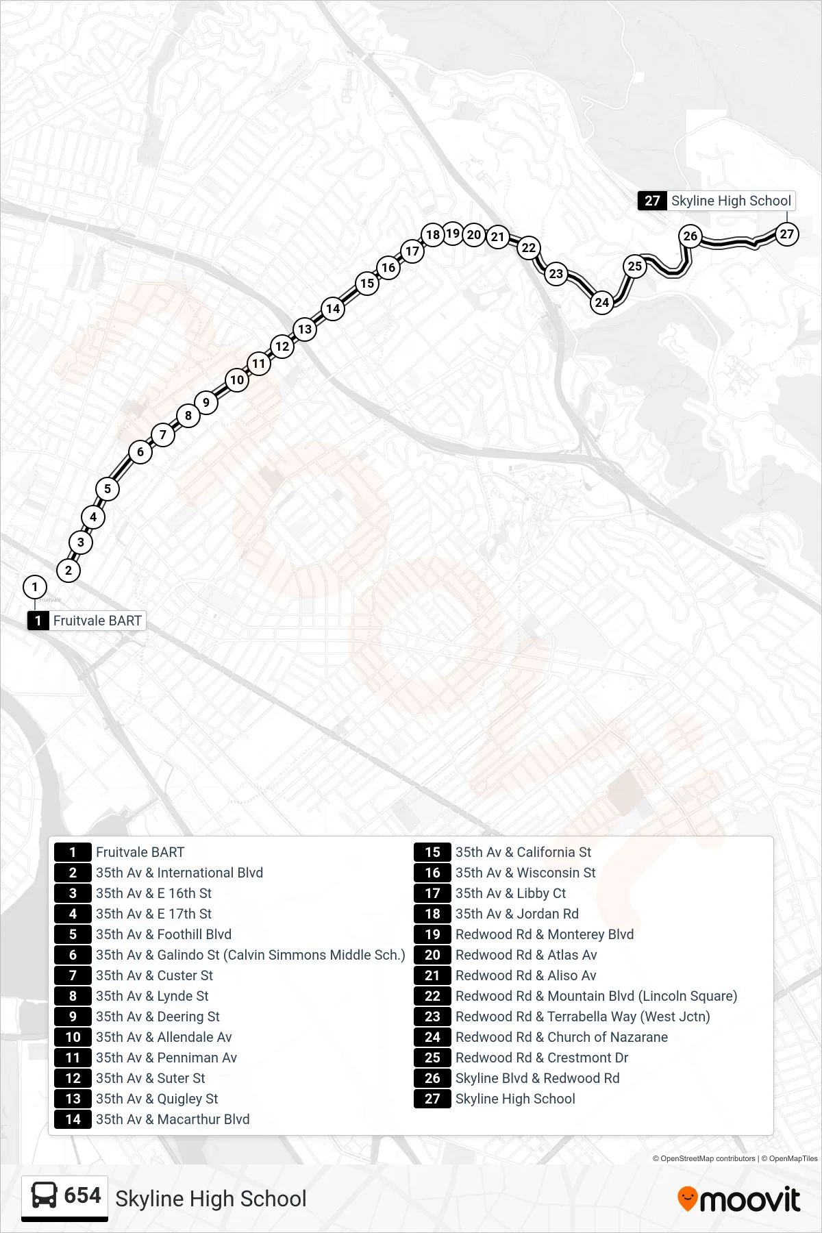654 bus Line (Skyline High School) route and stops on a map