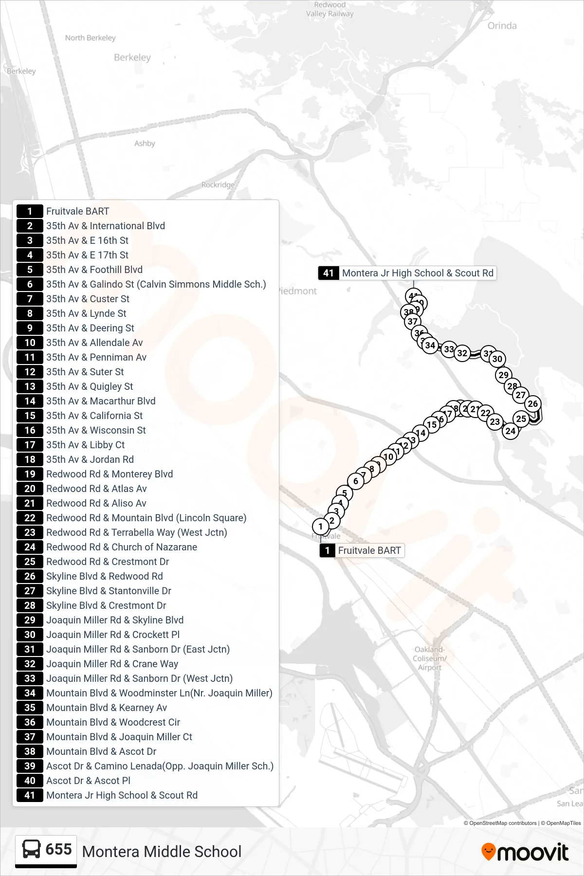 655 bus Line (Montera Middle School) route and stops on a map